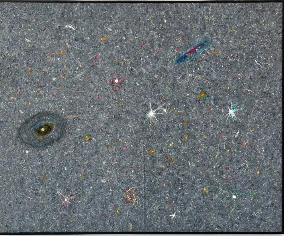 Heaven, 2025, paint, metallic paint, markers, glitter, felt, 33 x 41