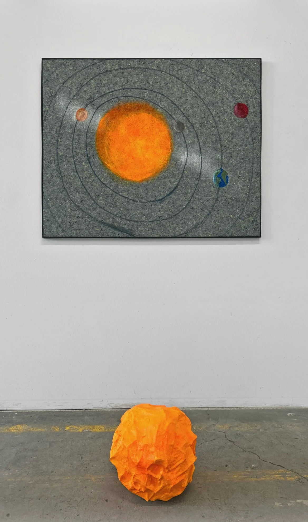 Solar System + Sun, 2025 wire mesh, plaster gauze, felt, acrylic, markers 33 x 41, Sun 14 in diameter