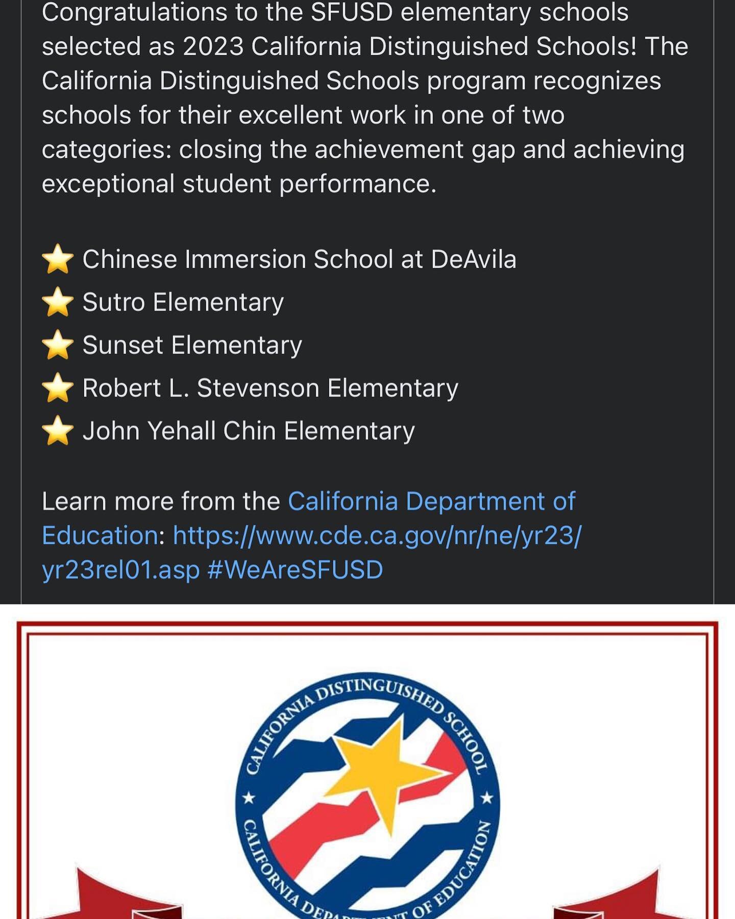 🌟🌟🌟🌟🌟 Congratulations to our school and other selected SFUSD schools! 恭喜我們蘇卓小學，和其他被選中的SFUSD 學校！🥳🥳. Go Sutro!