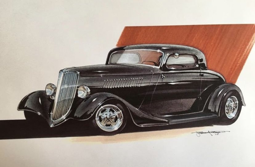 Hand drawn 1934 Ford illustration / chalk, marker, acrylic vehicle rendering