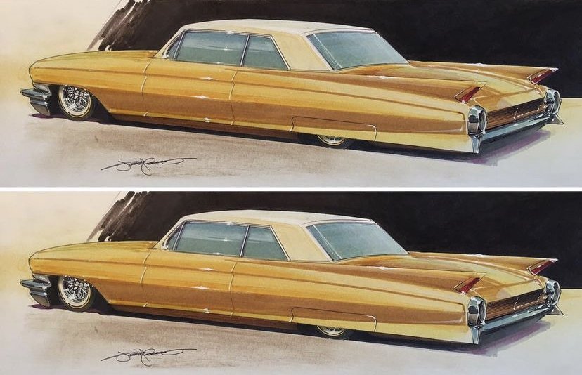Hand drawn Cadillac illustration / chalk, marker, acrylic vehicle rendering