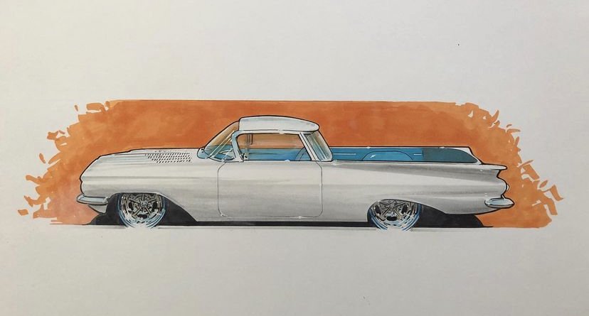 Hand drawn El Camino illustration / chalk, marker, acrylic vehicle rendering