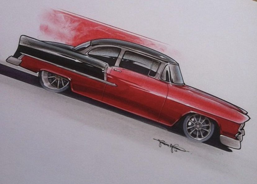 Hand drawn 1955 Chevy illustration / chalk, marker, acrylic vehicle rendering