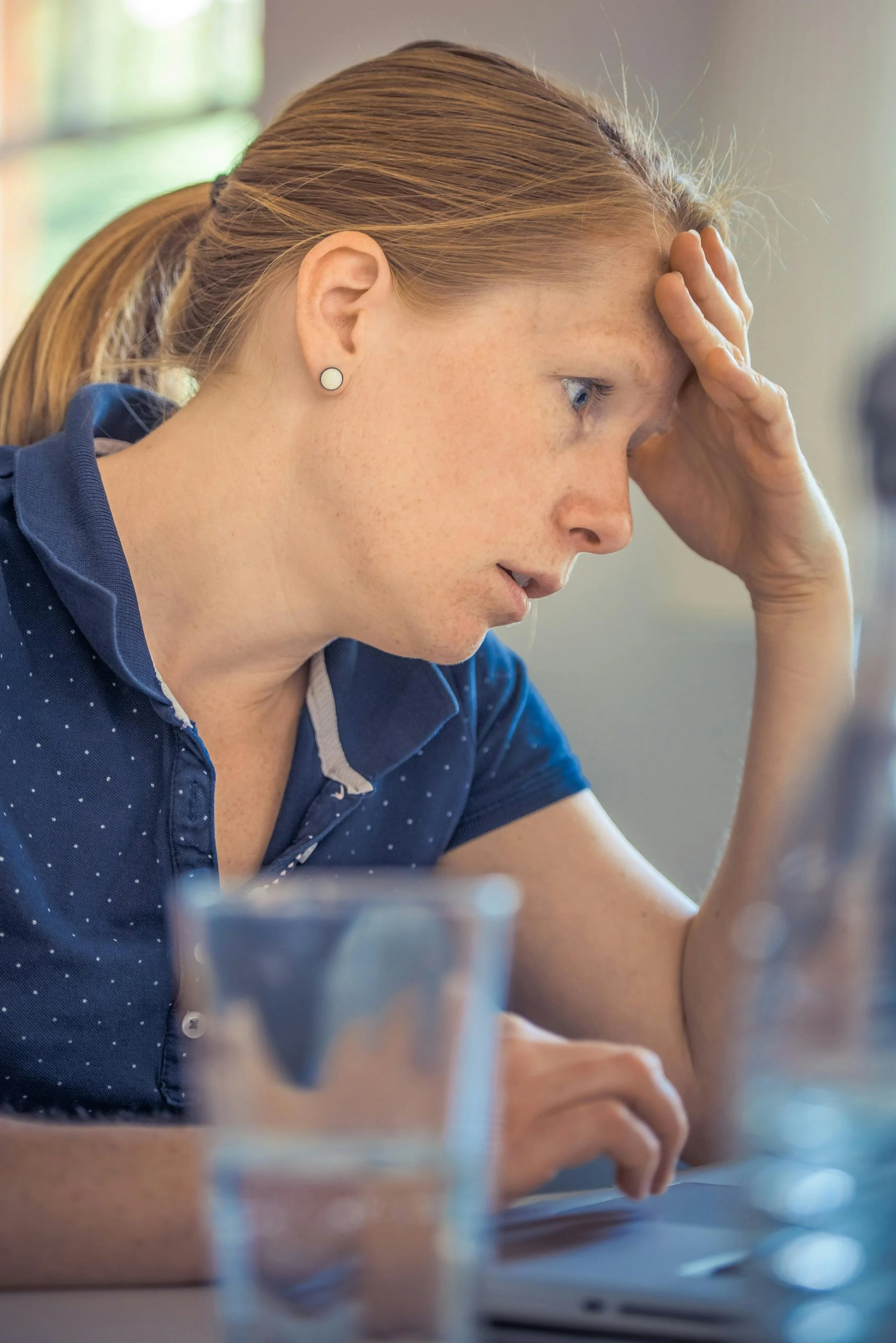Self check-in. Woman feeling anxious
