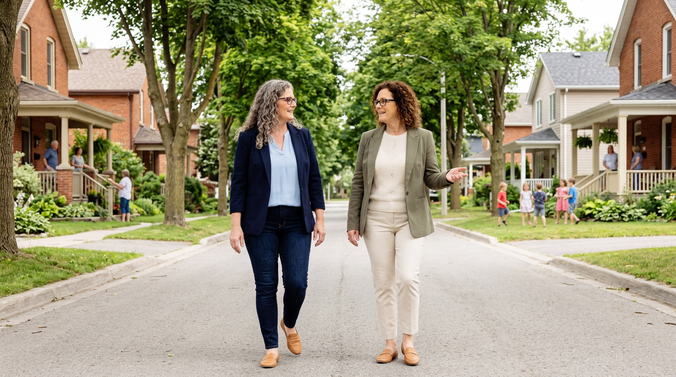 Cathy Burningham and Martha Gauthier walking together in Peterborough, Ontario
