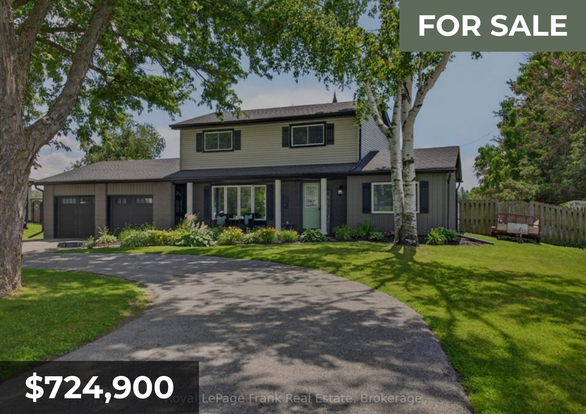 A two-story house with a dark gray roof, beige siding with black accents, large front windows, a driveway, and a small front lawn with green grass and trees. The image has a "For Sale" banner and a price of $724,900.