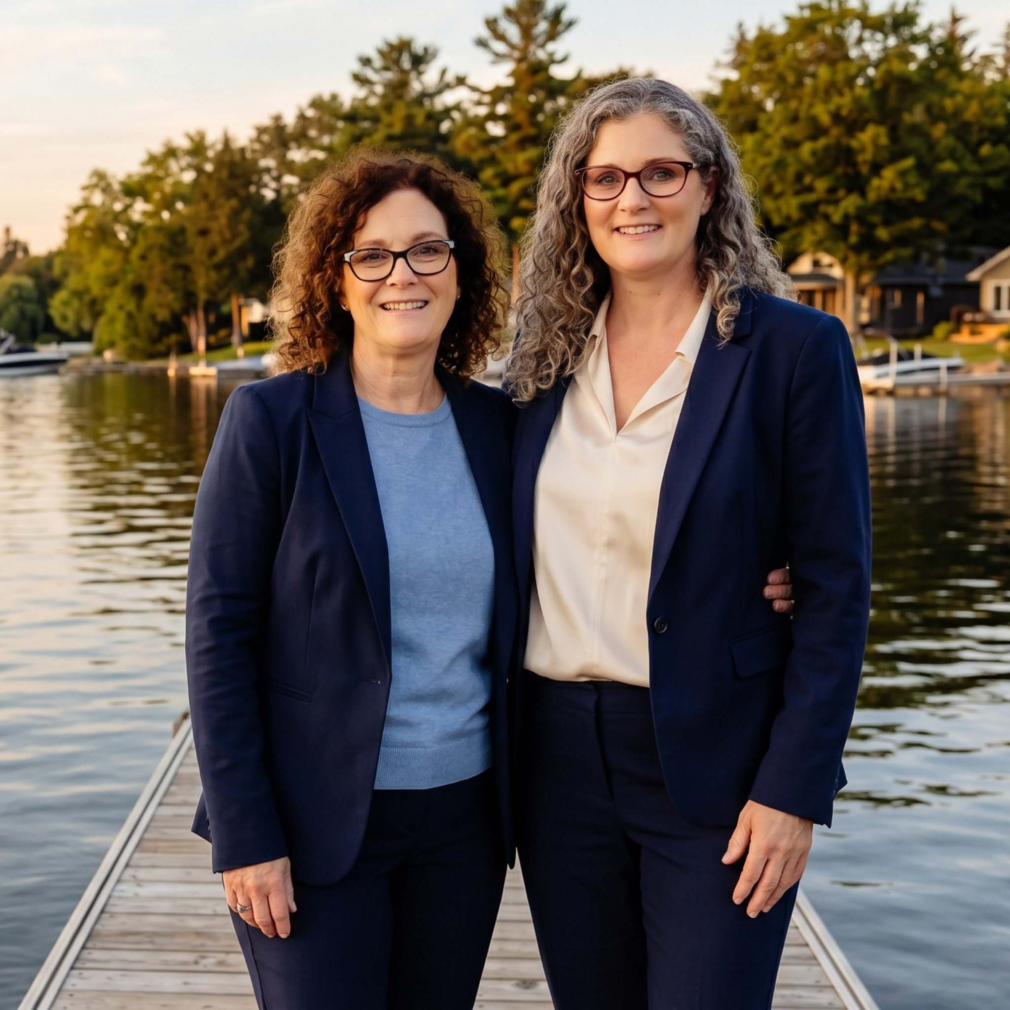 Cathy Burningham and Martha Gauthier by the waterfront in the Kawarthas