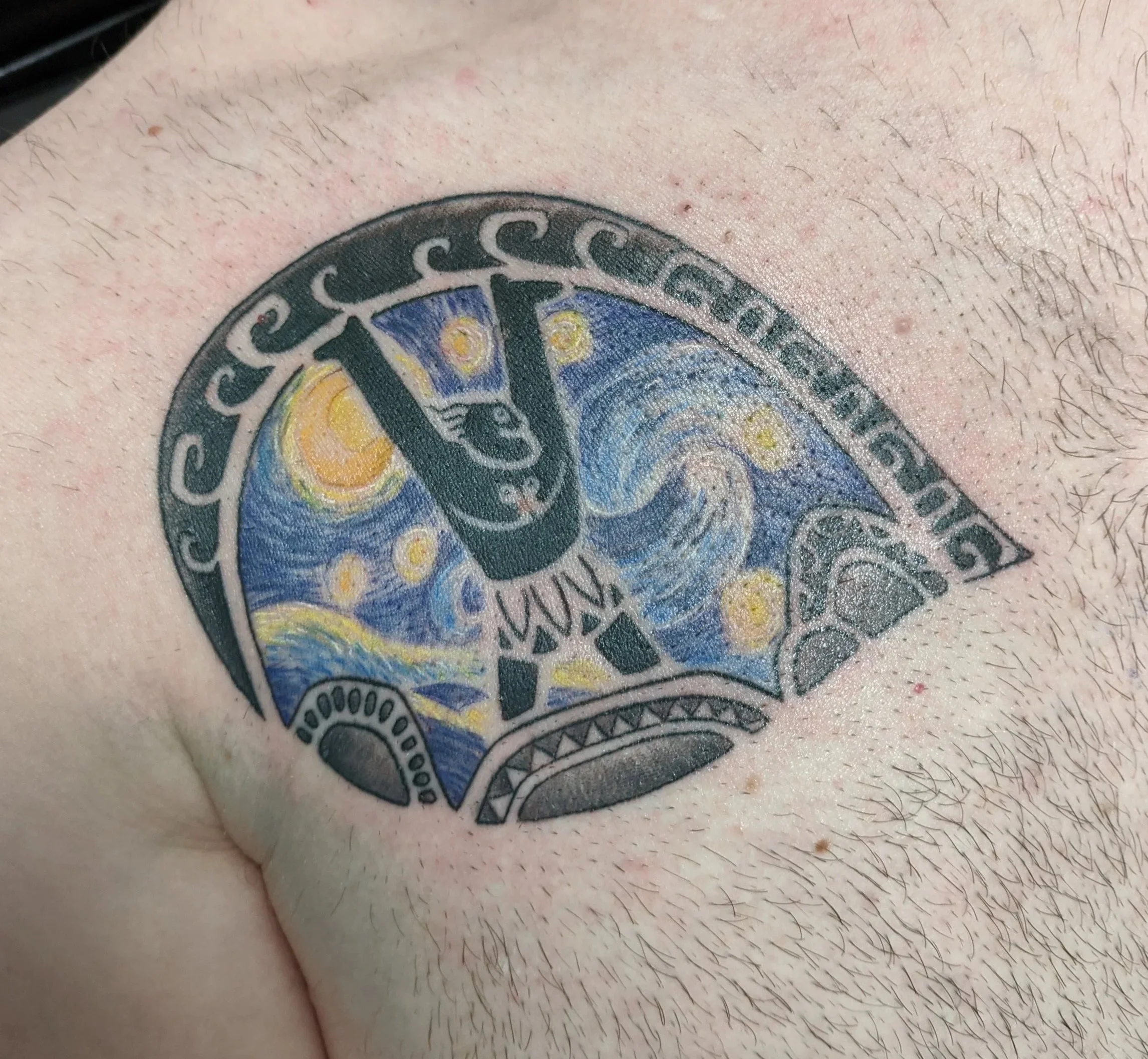 Tattoo of a Viking ship within the style of Van Gogh's Starry Night on a person's chest with visible chest hair.