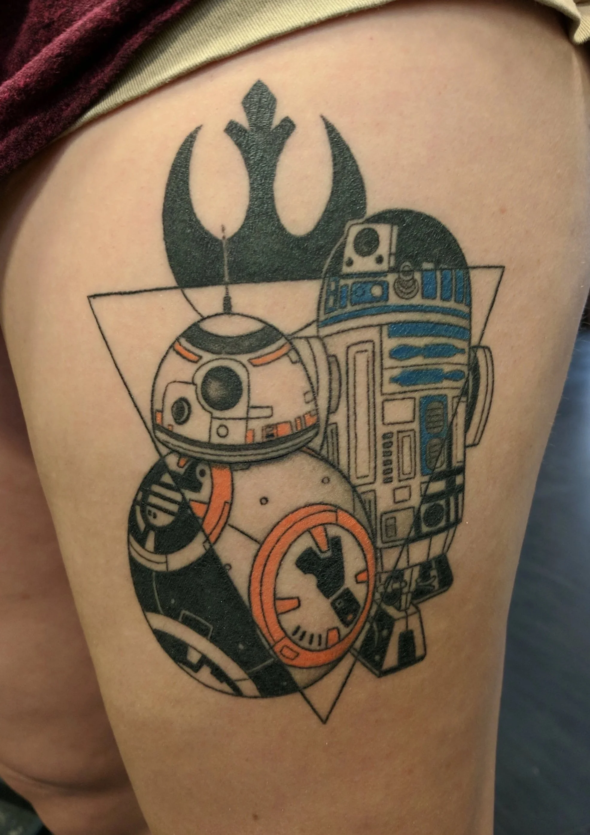 Star Wars and Star Wars-themed tattoo featuring BB-8, R2-D2, and the Rebel Alliance symbol.