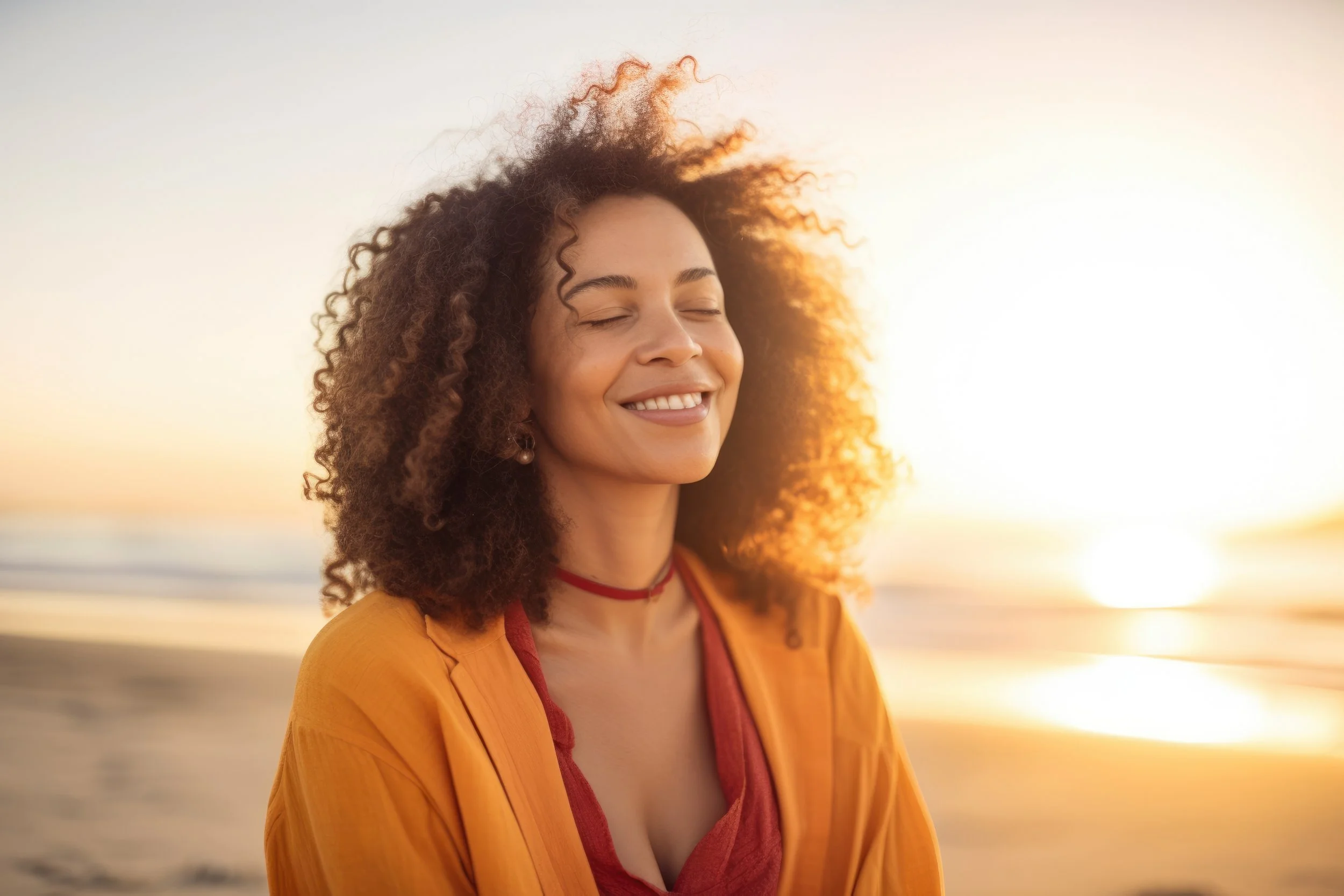 A woman smiling with her eyes closed during sunset at the beach.