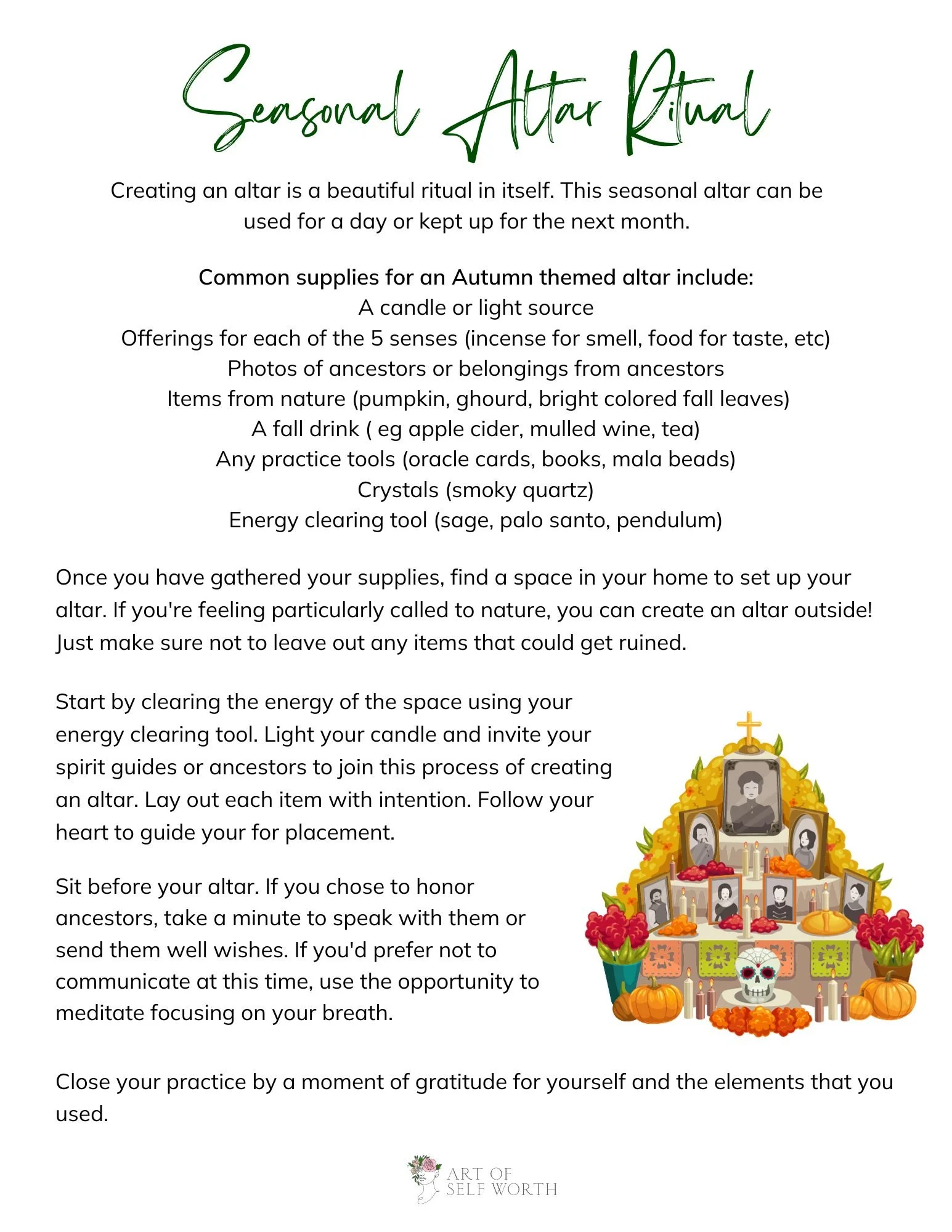 A colorful autumn-themed altar arrangement with framed photos of loved ones, surrounded by pumpkins, gourds, flowers, candles, skulls, and various spiritual objects.