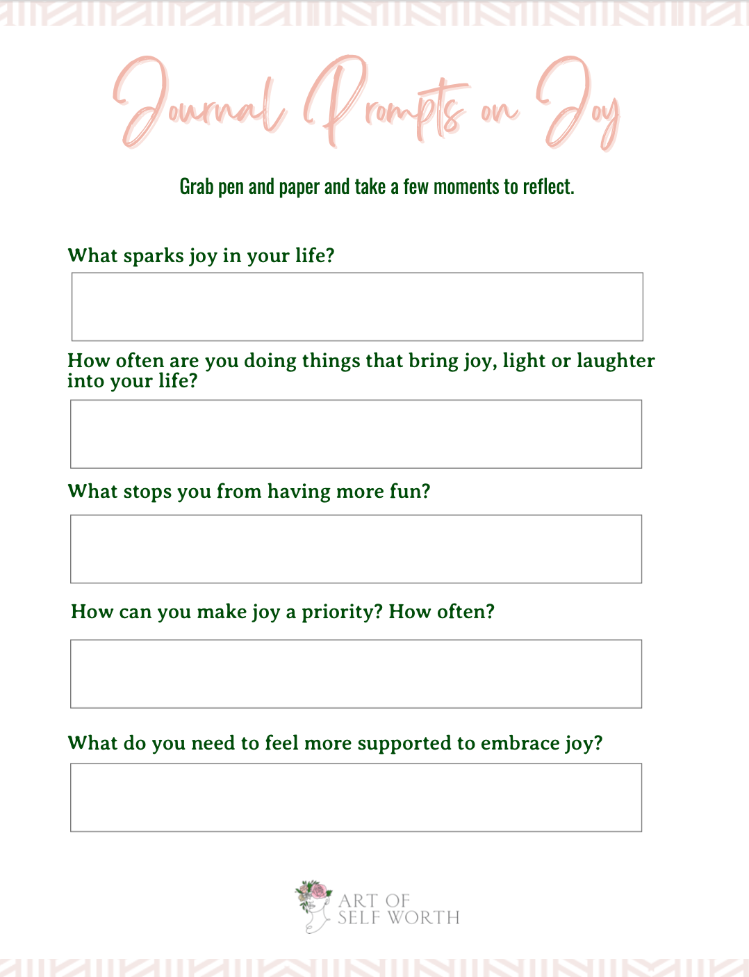 A printable journal prompt sheet titled 'Journal Prompts on Joy' with questions about joy and happiness, featuring a floral logo at the bottom.