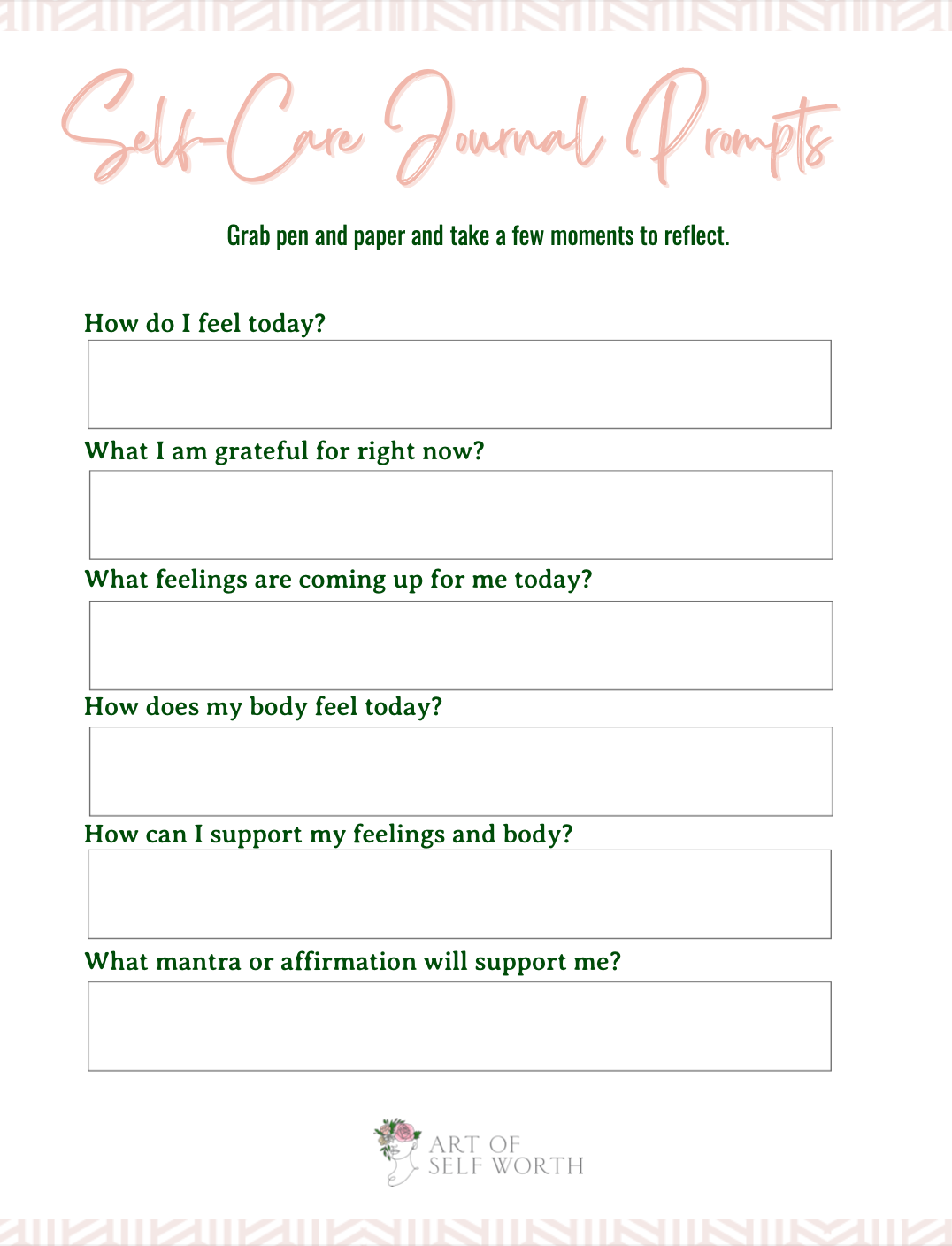 Self-care journal prompts worksheet with writing spaces for feelings, gratitude, sensations, and affirmations, decorated with pink and white floral imagery.