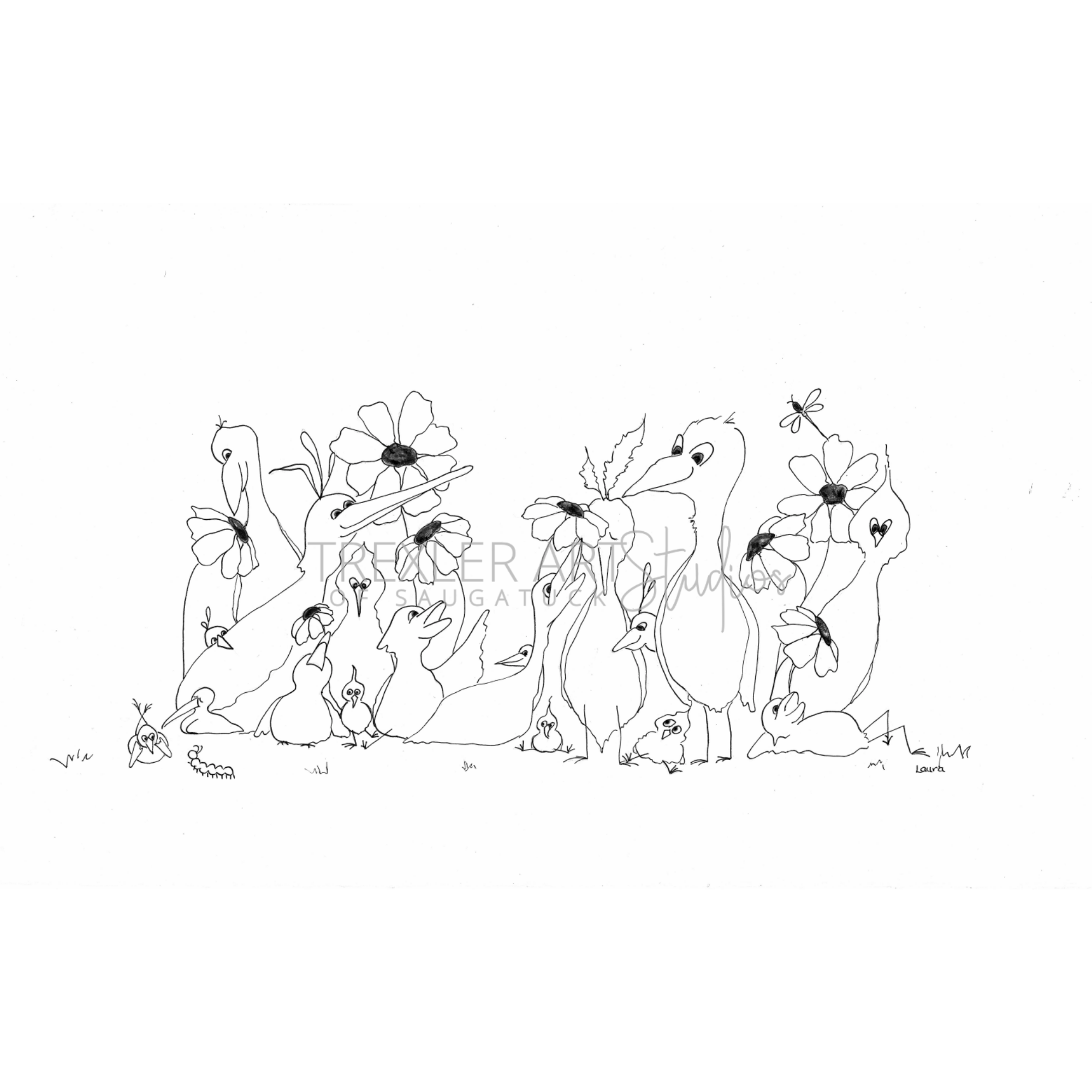 Among Friends and Flowers:

This whimsical drawing brings together an imaginative community of birds in an
exuberant garden of oversized flowers. Tall, elegant birds stand alongside round,
compact, long-beaked, and newly hatched companions. Some bird