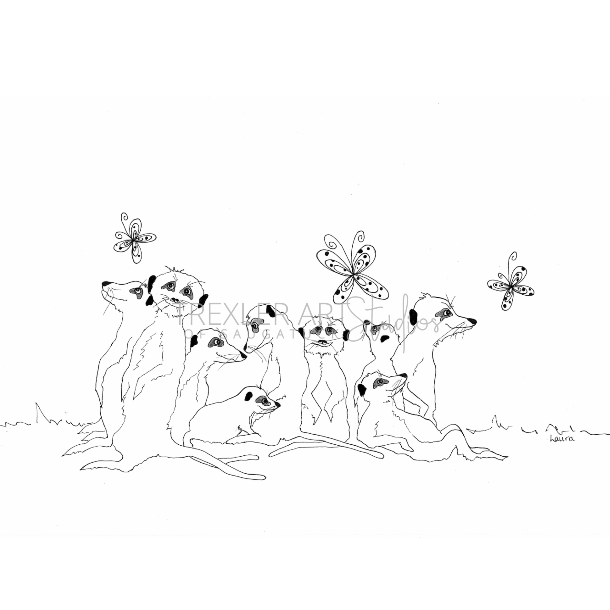 Curiosity and Company:

In this delicate black-and-white line drawing, a closely gathered group of meerkats
forms a lively community of distinct personalities. Their expressive eyes, tilted heads, and varied postures suggest curiosity, affection, con