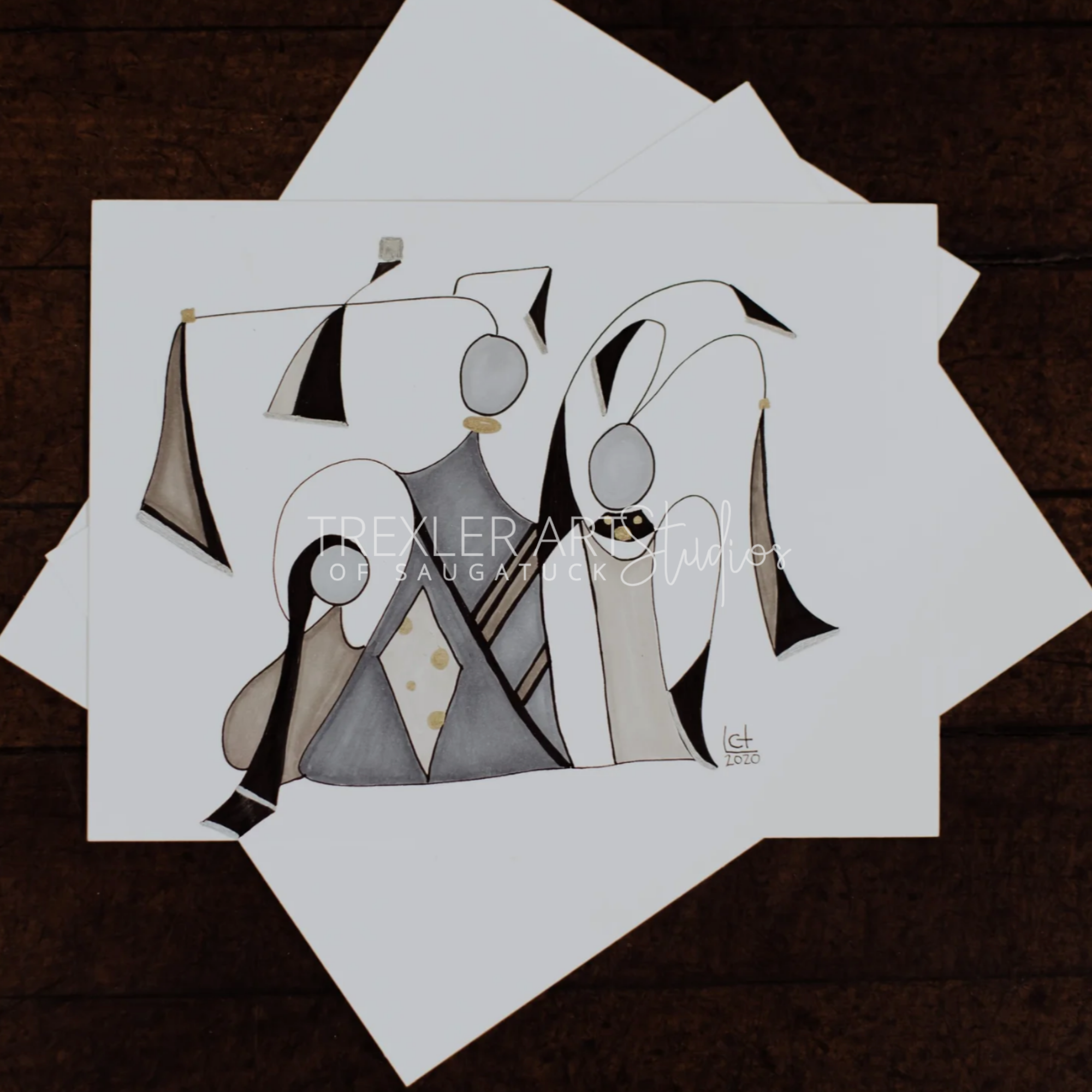 A contemporary abstract composition using flowing lines, bold forms, and a restrained palette to create rhythm, contrast, and visual curiosity.