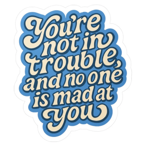 A graphic displaying text that says "You're not in trouble and no one is mad at you".