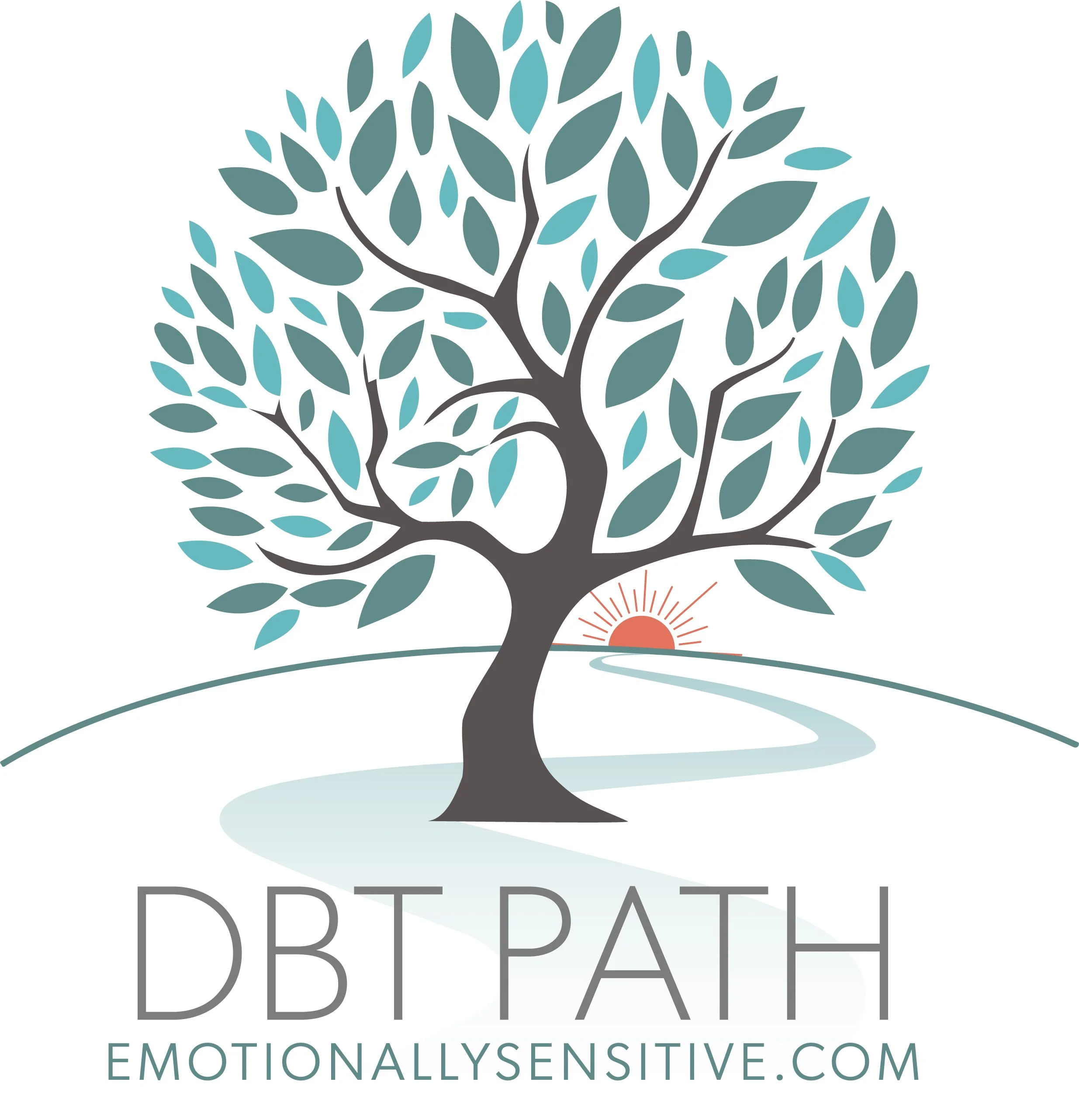 DBT Path logo featuring a stylized tree with teal and sage green leaves, gray trunk, and coral sunrise on the horizon, with text 'DBT PATH' and 'emotionallysensitive.com' below.