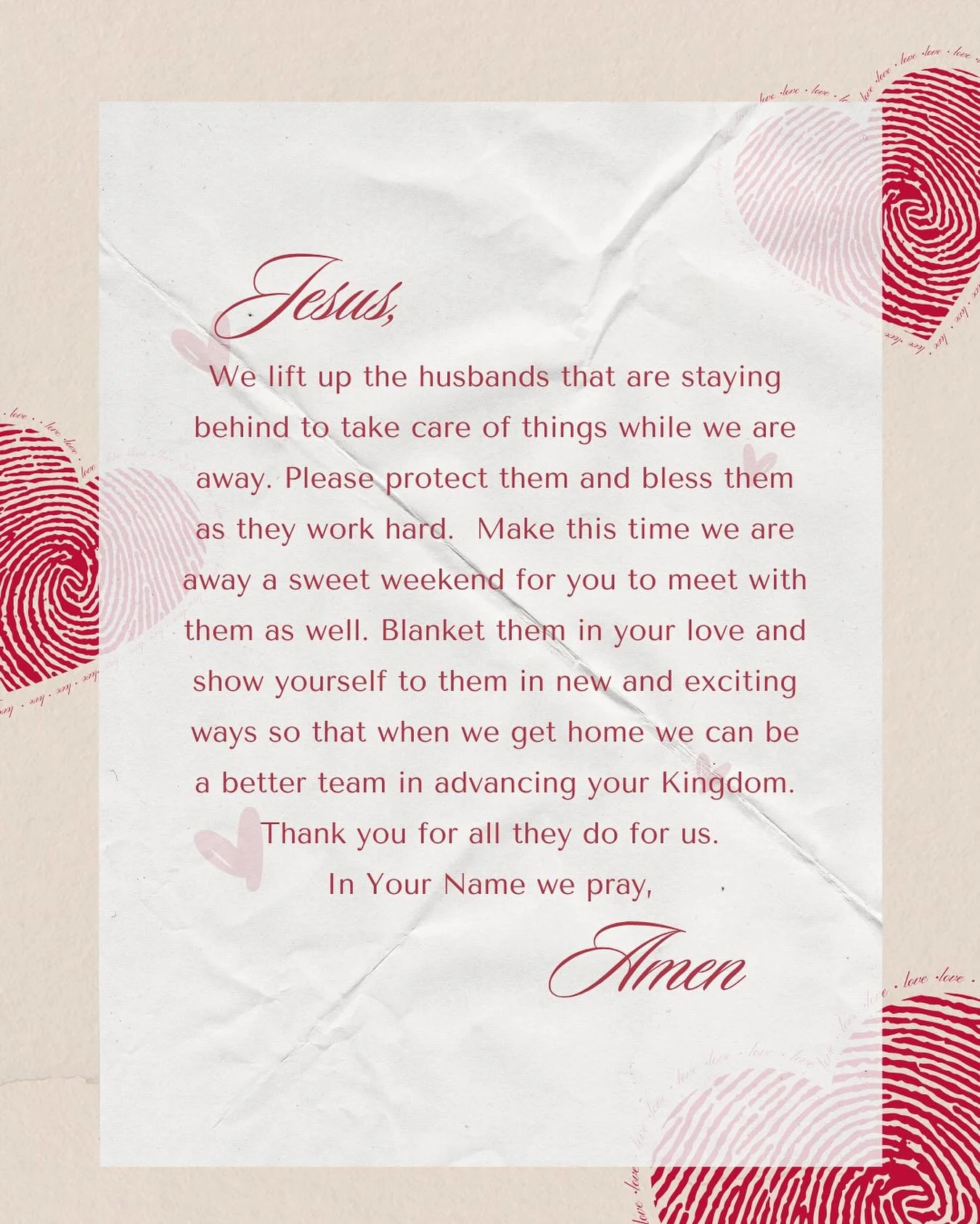 T&ndash;2 DAYS &mdash; Praying for the Husbands 💕🙏

Lord, bless our husbands with strength, peace, and joy.
Refresh their hearts as You refresh ours this weekend.
Thank You for the gift of partnership and the beauty of unity in You. 🌸

#AweAndWond