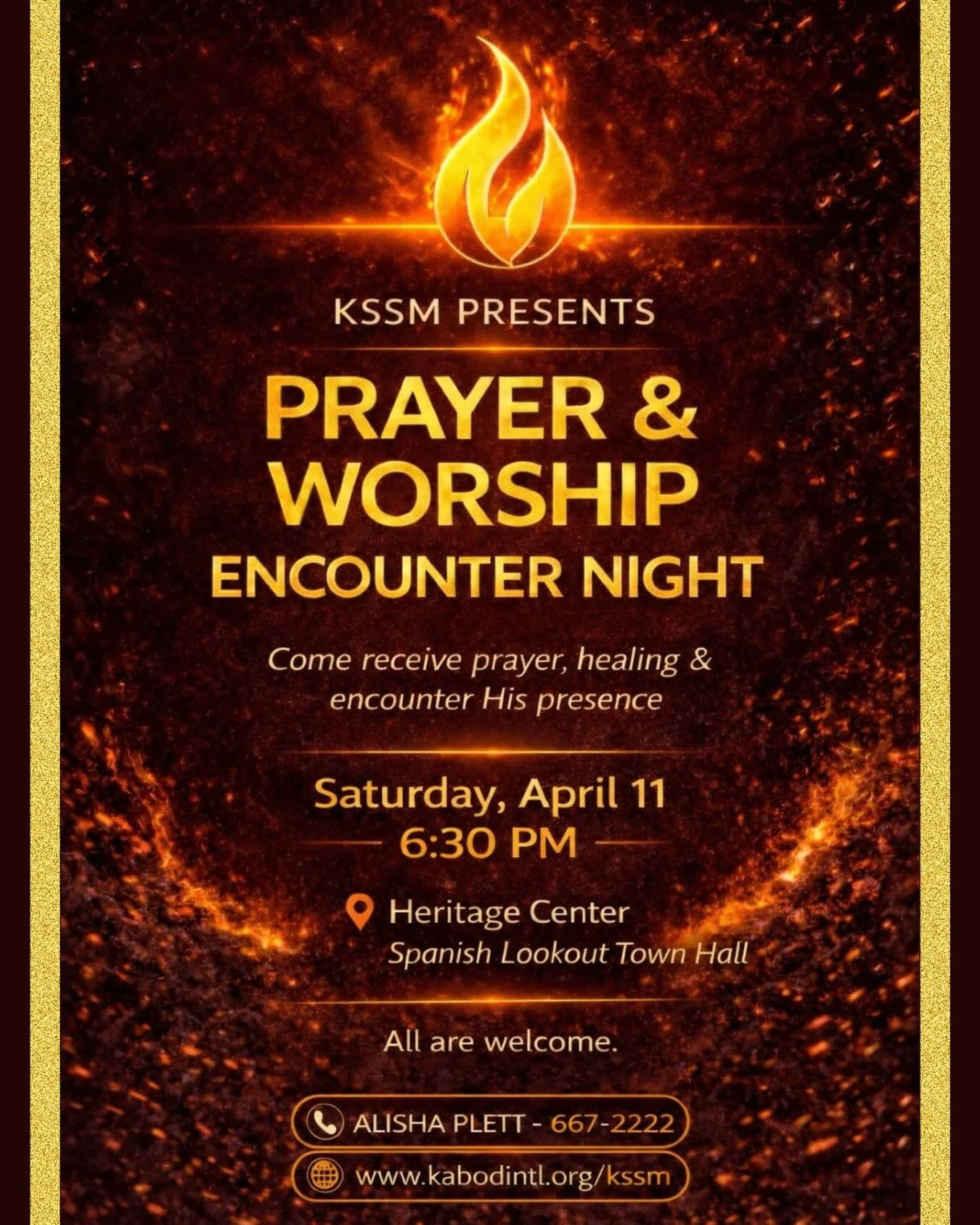 TONIGHT!

Join us for a night of Prayer &amp; Worship!
🗓️April 11th 6:30 PM 
📍Spanish Lookout Town Hall 

Need Prayer?
COME!
Need Healing? 
COME!

Invite your friends and family 
All who are thirsty COME and drink!