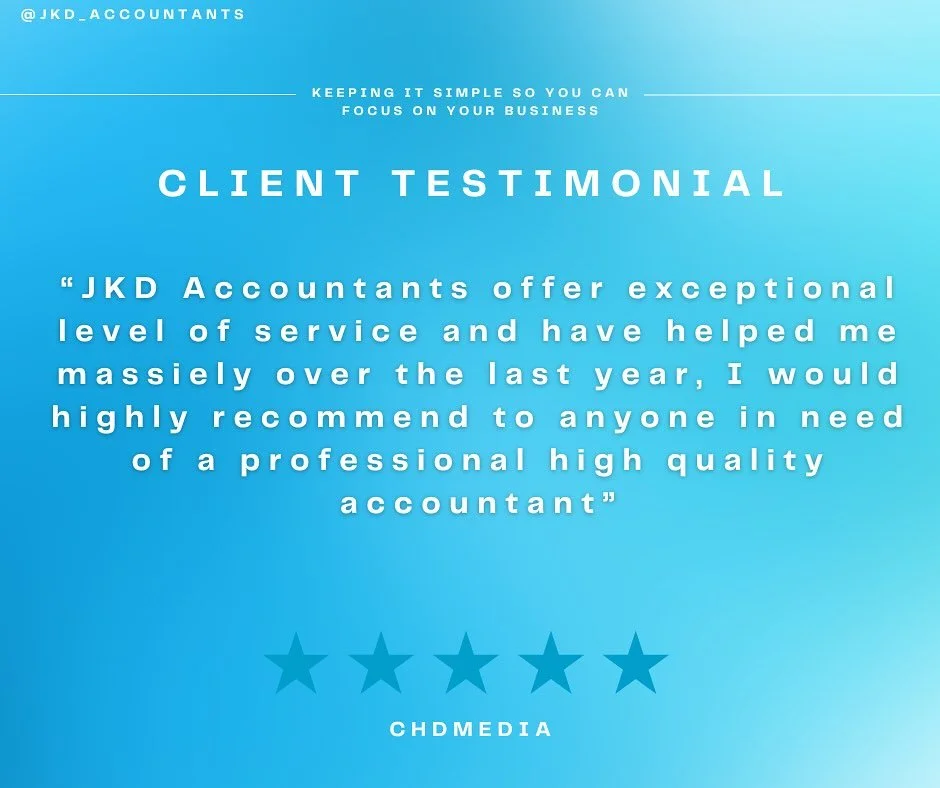 CLIENT TESTIMONIAL!
Thank you to CHDMedia for taking the time to leave us a google review!🤝
Here at JKD Accountants, we keep it simple to ensure you can focus on your business👊
📞 07707 016594
✉️ info@JKDaccountants.co.uk