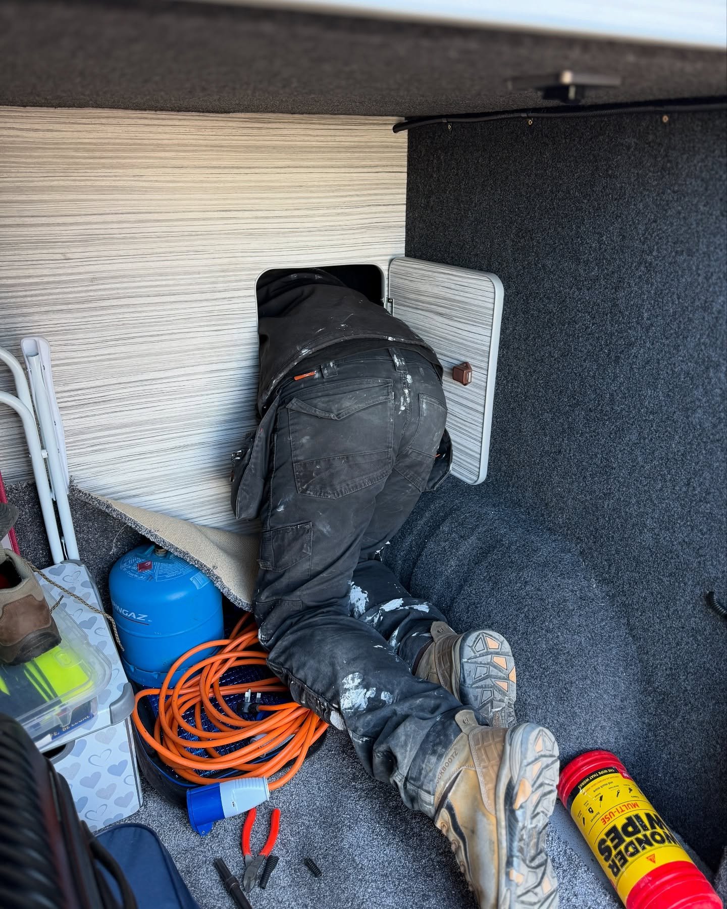 Caption this picture in the comments below 😆⬇️ 

Best one wins one of our cool Northview Air fresheners 😗

We will go first ➡️ Customer asks for diesel heater to be installed into a small cupboard. Callum says if the customer asks, the customer get