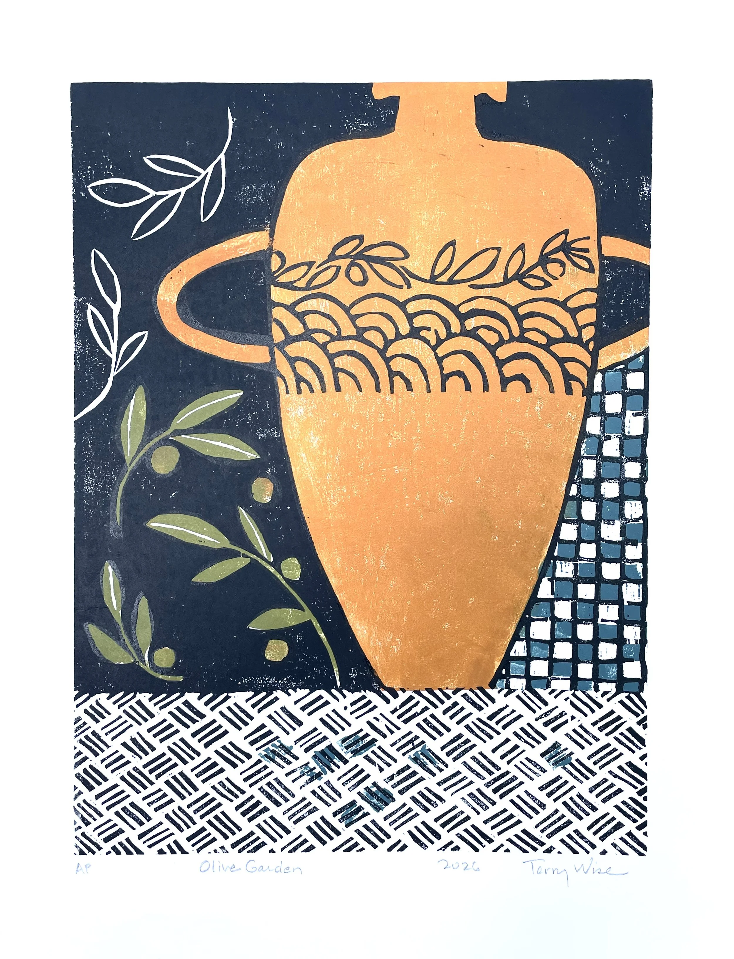 OLIVE GARDEN: woodcut print, image 16" x 12"