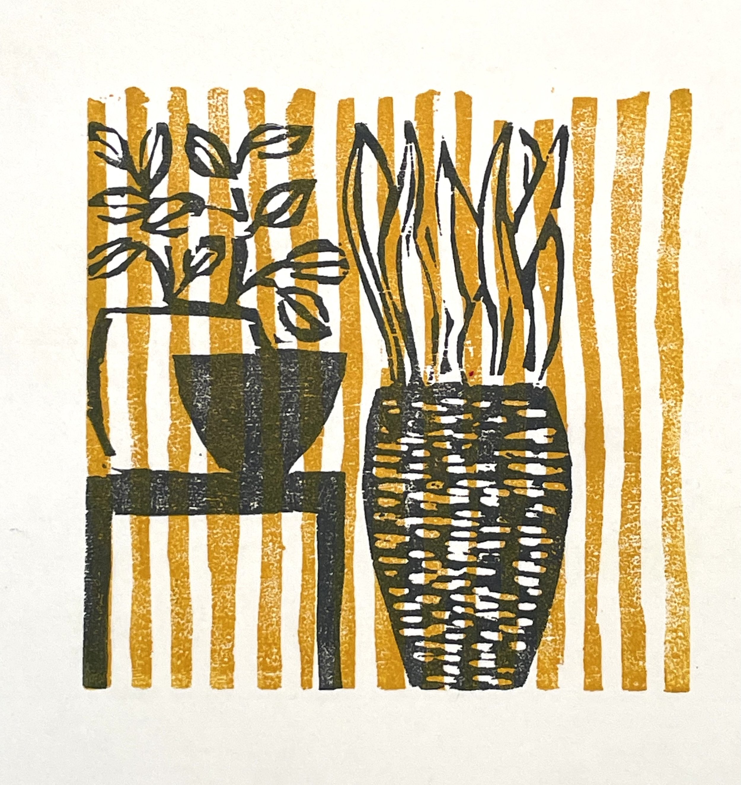 YELLOW STRIPES: woodcut print on Japanese paper, image 4" x 4"