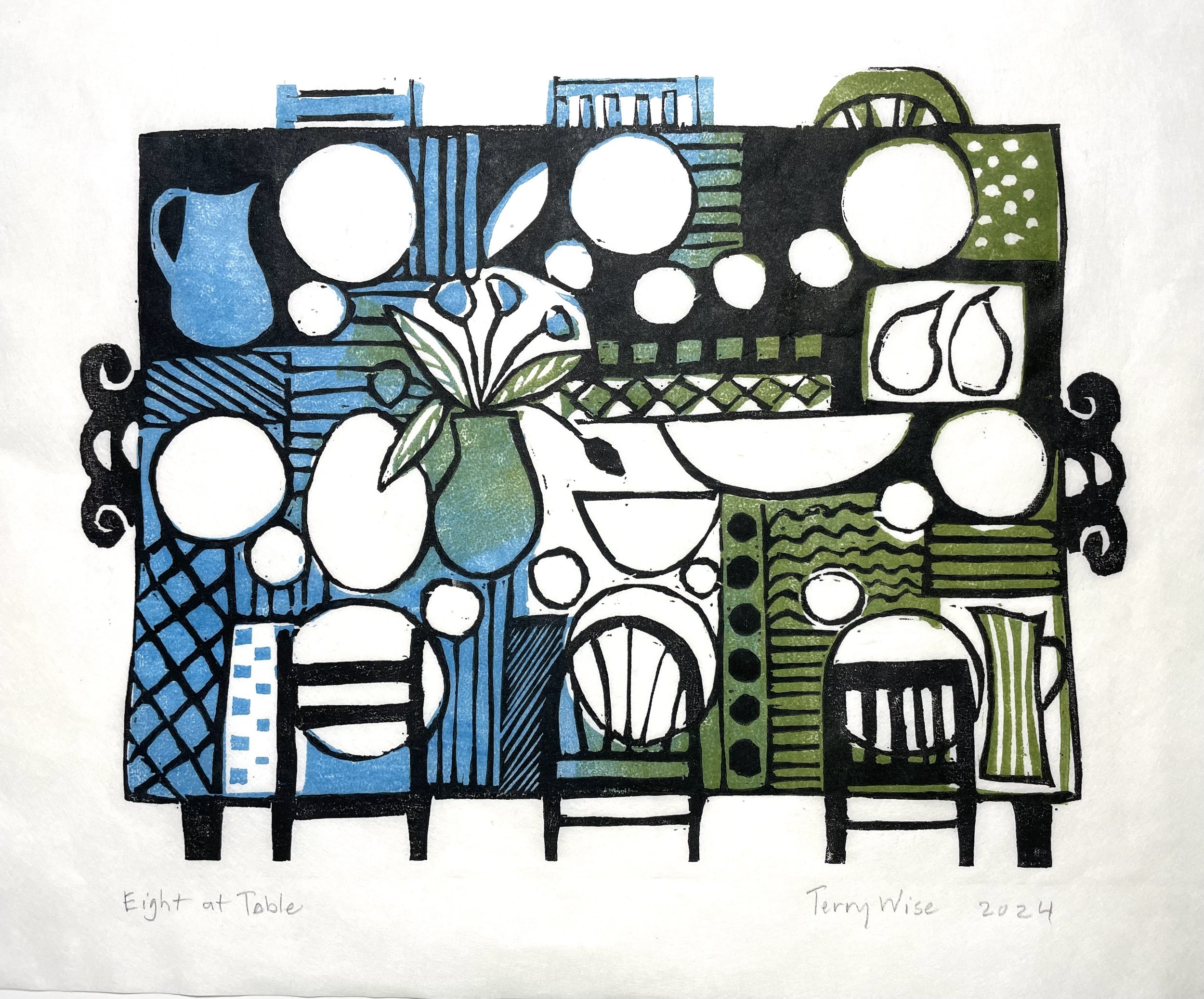 EIGHT AT TABLE: woodcut print on Japanese paper, image 9" x 12"