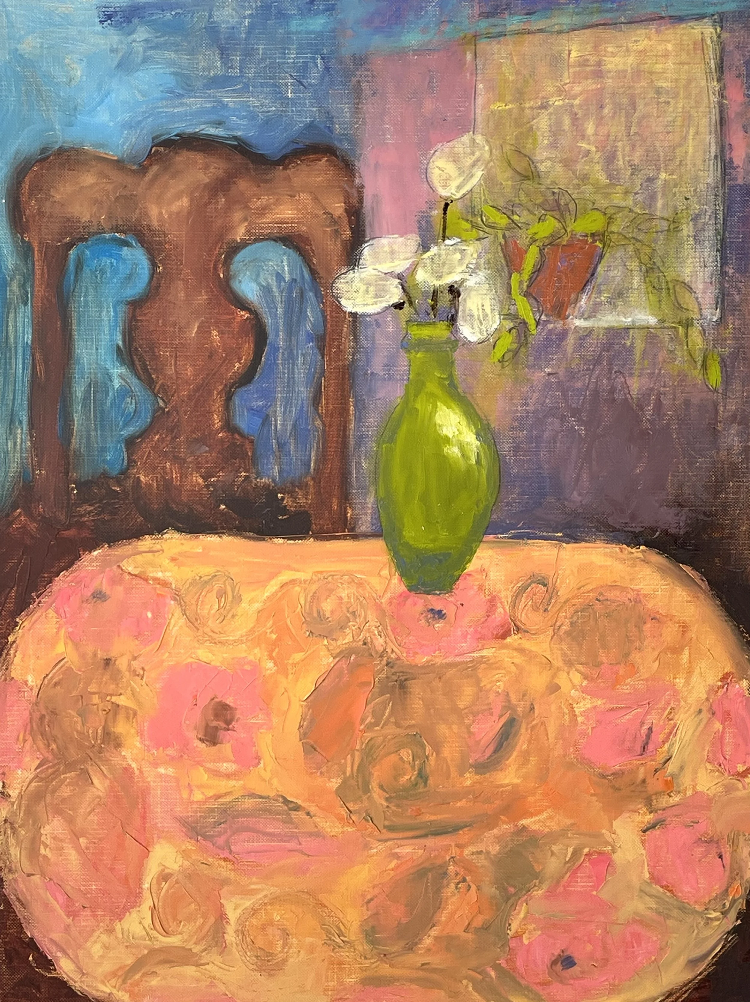 ORANGE TABLE & BOTTLE: oil on paper on wood panel, 16" x 12"