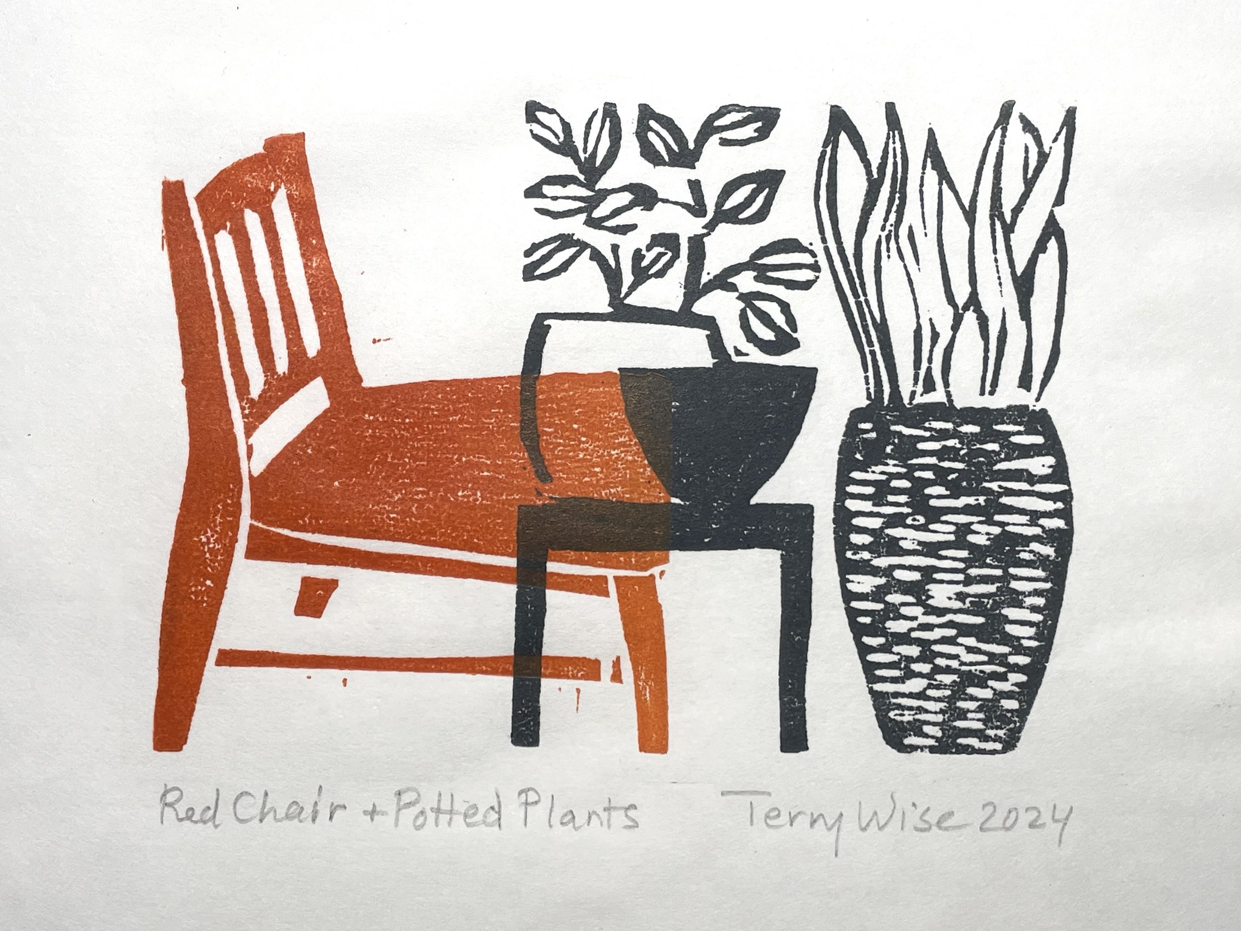 RED CHAIR + POTTED PLANTS: woodcut print on Japanese paper, image 4" x 5.5"