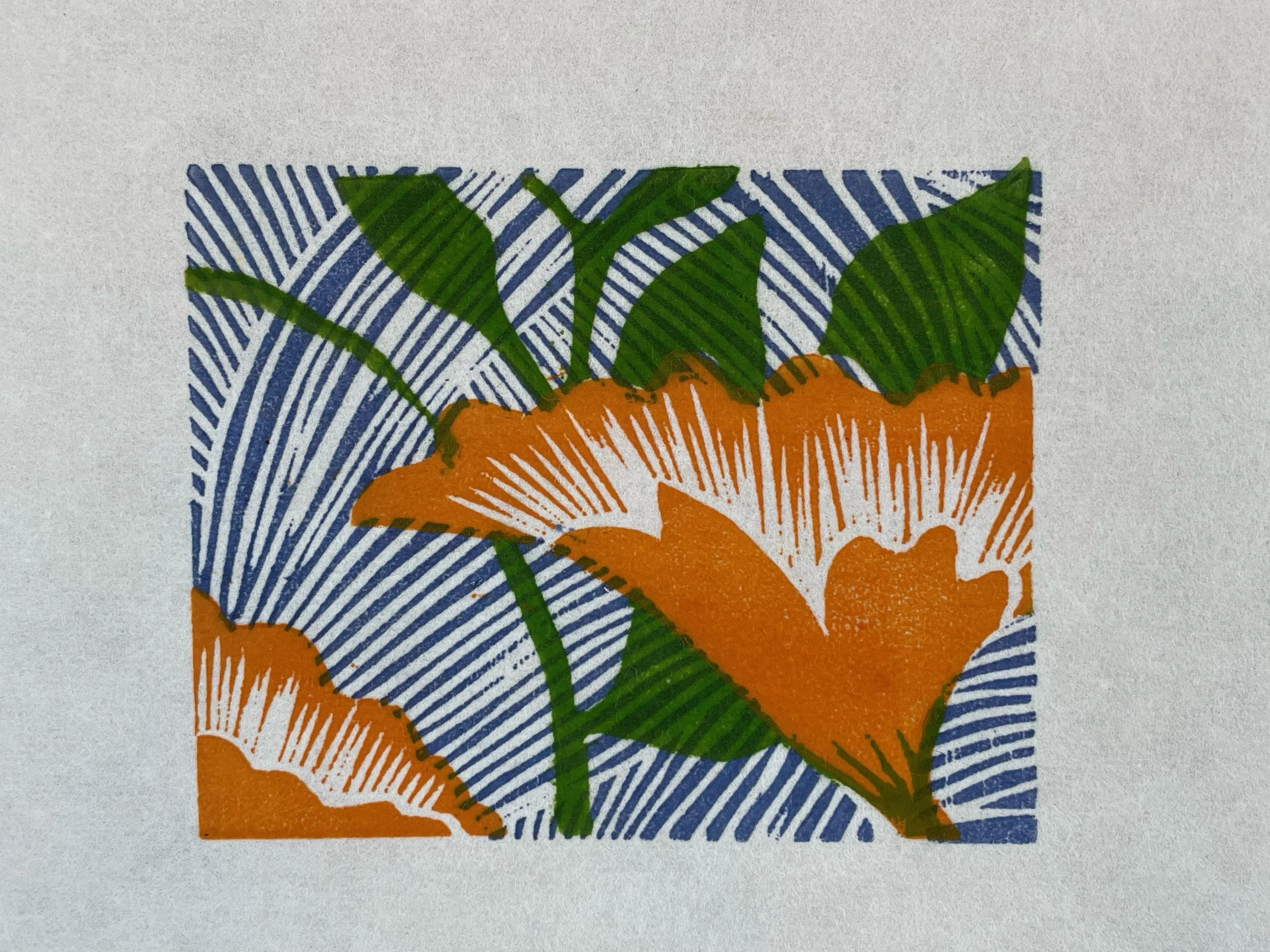 TWO BLOSSOMS: woodblock print on Japanese paper, image 3" x 3.5"