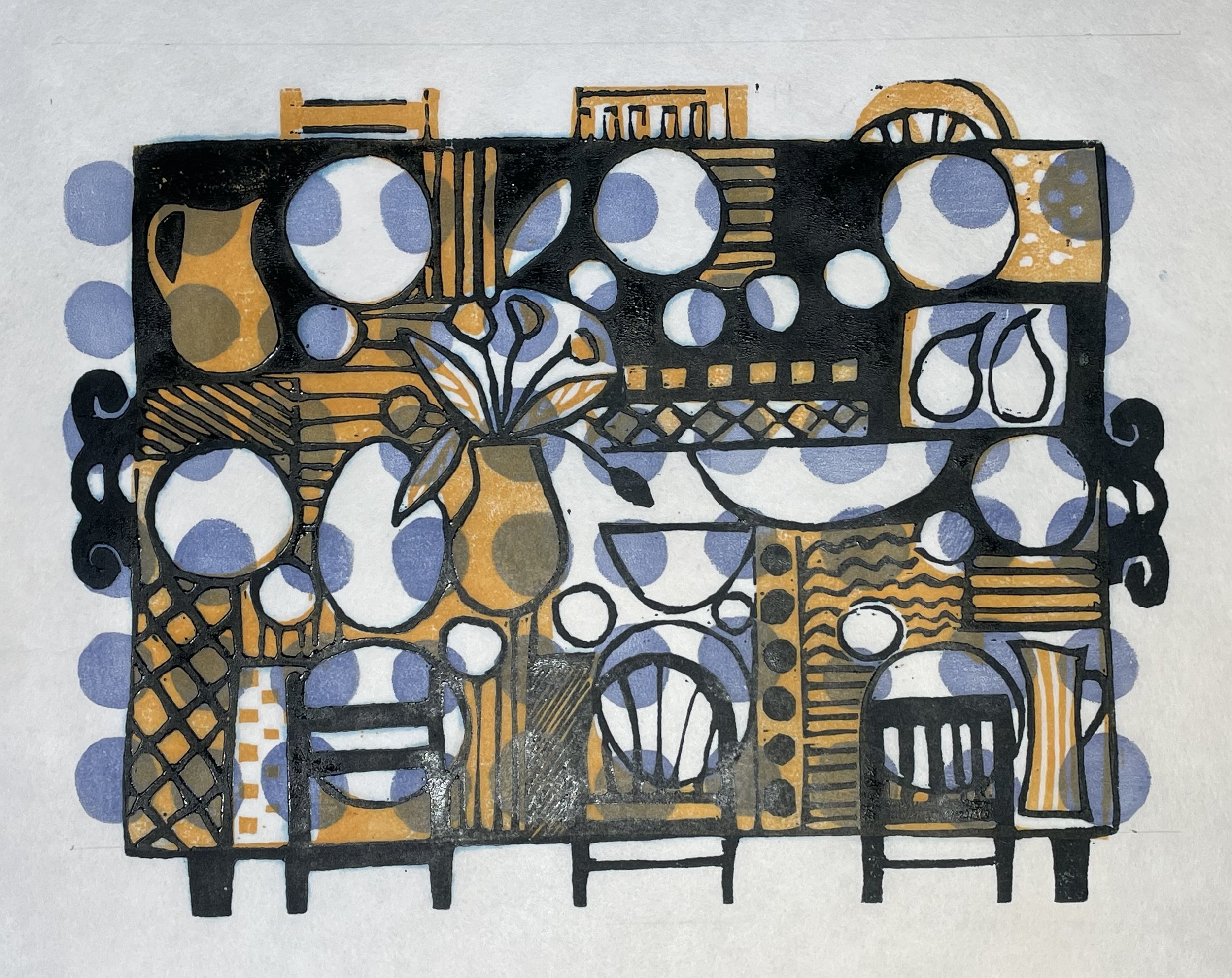 EIGHT AT TABLE/BLUE DOTS: woodcut print on Japanese paper, image 9" x 12"