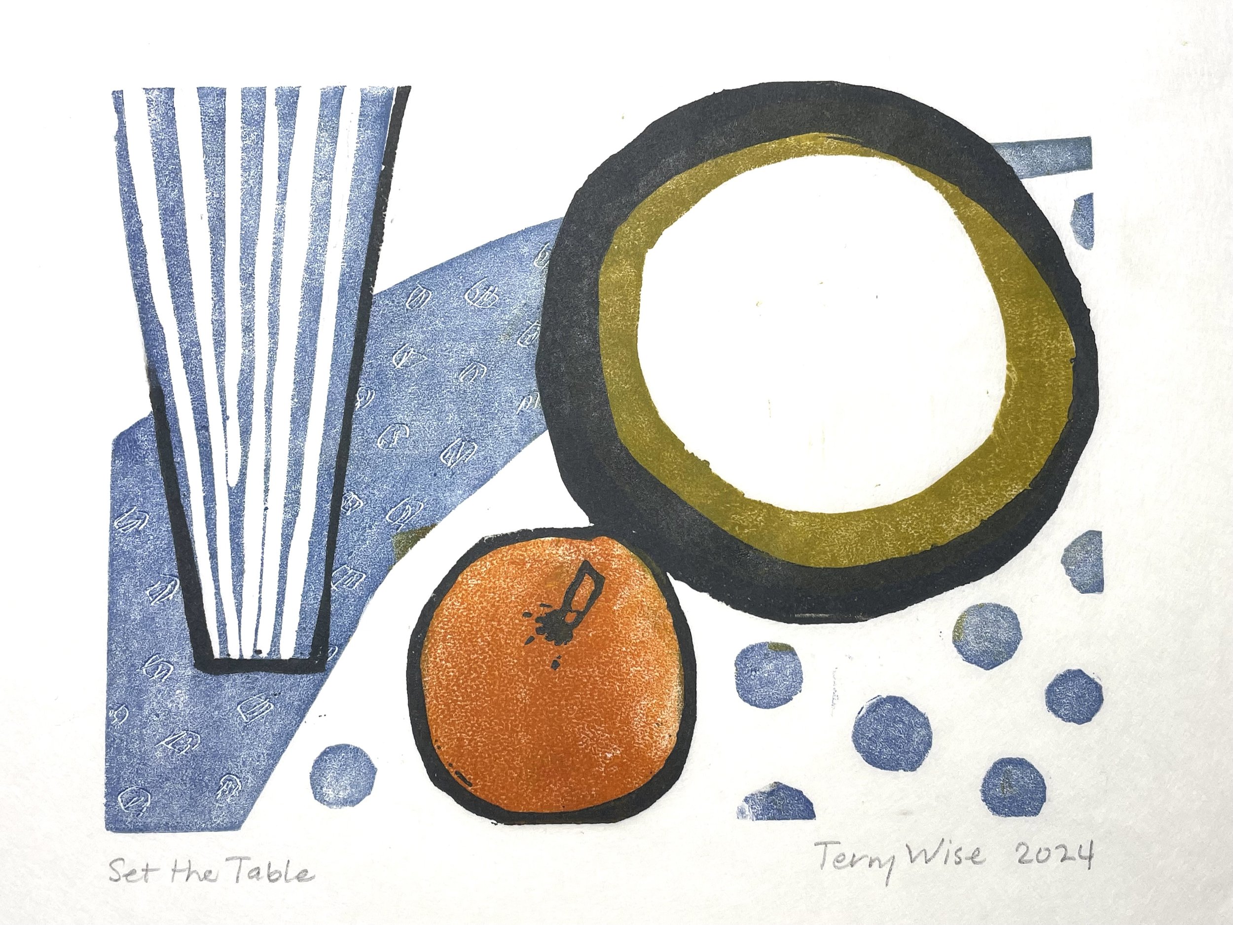 SET THE TABLE: woodcut print on Japanese paper, image 6" x 8"