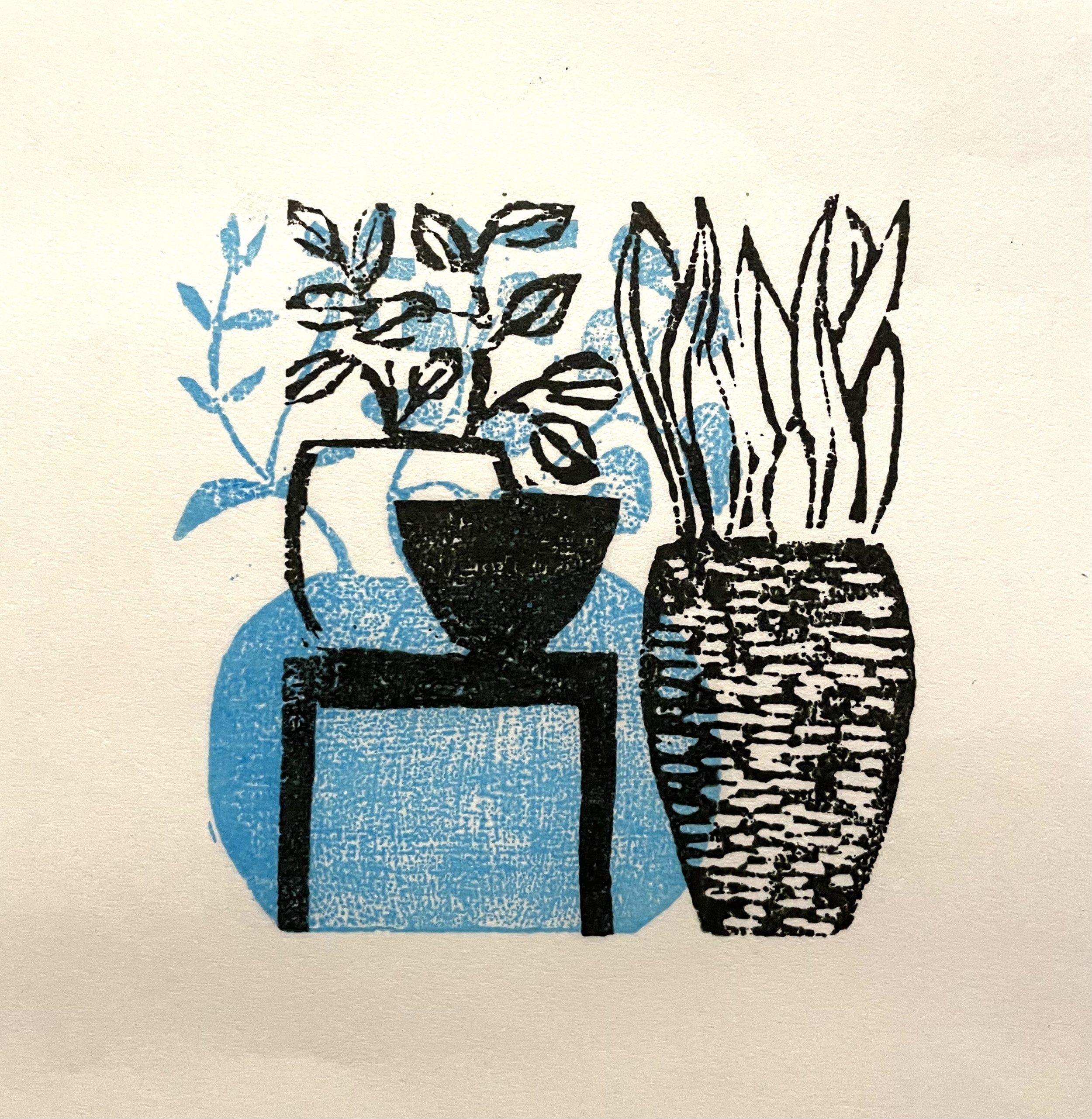 POTTED PLANTS: woodcut print on Japanese paper, image 4" x 4"