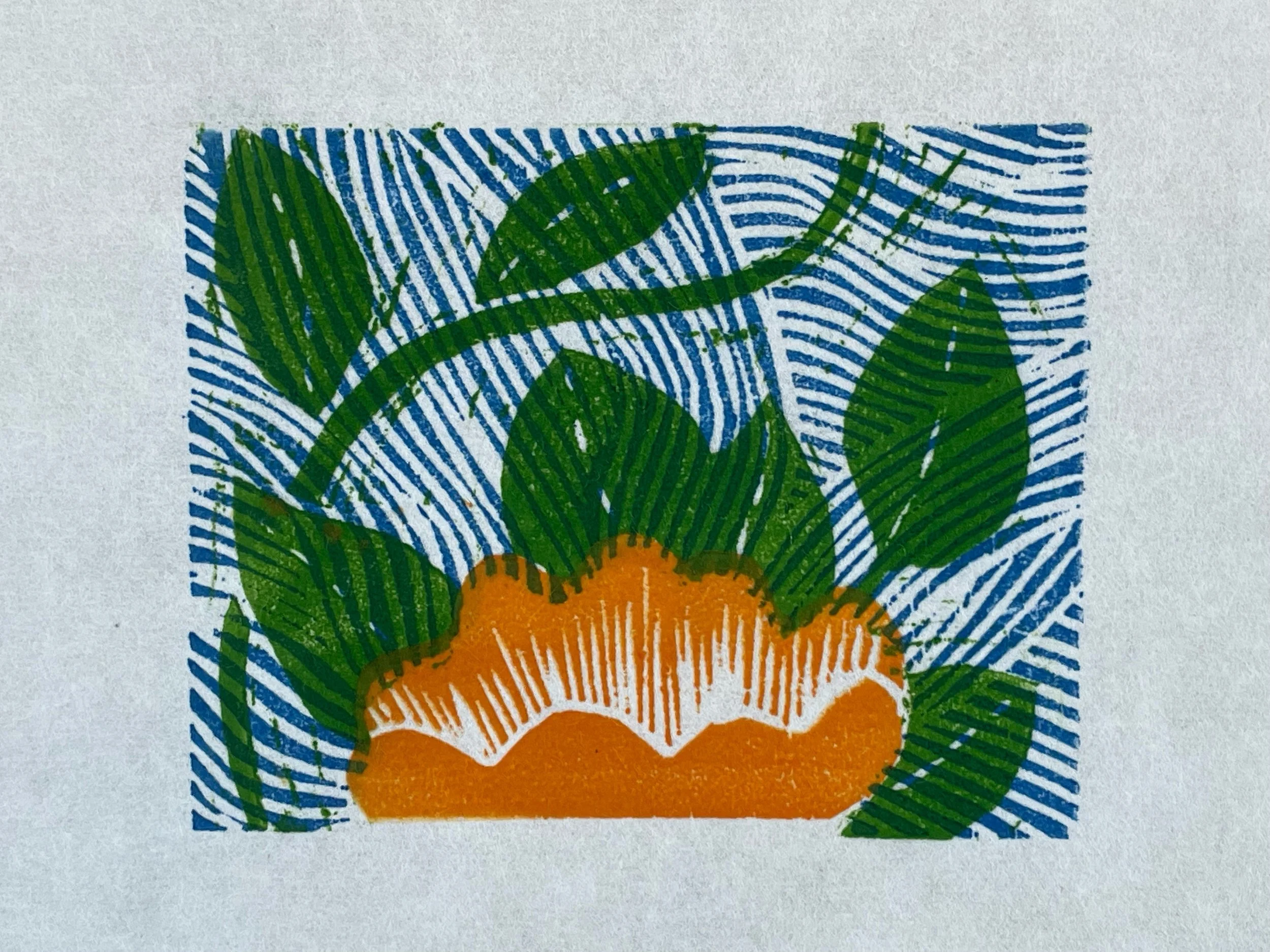 BLOSSOM: woodblock print on Japanese paper, image 3" x 3.5"