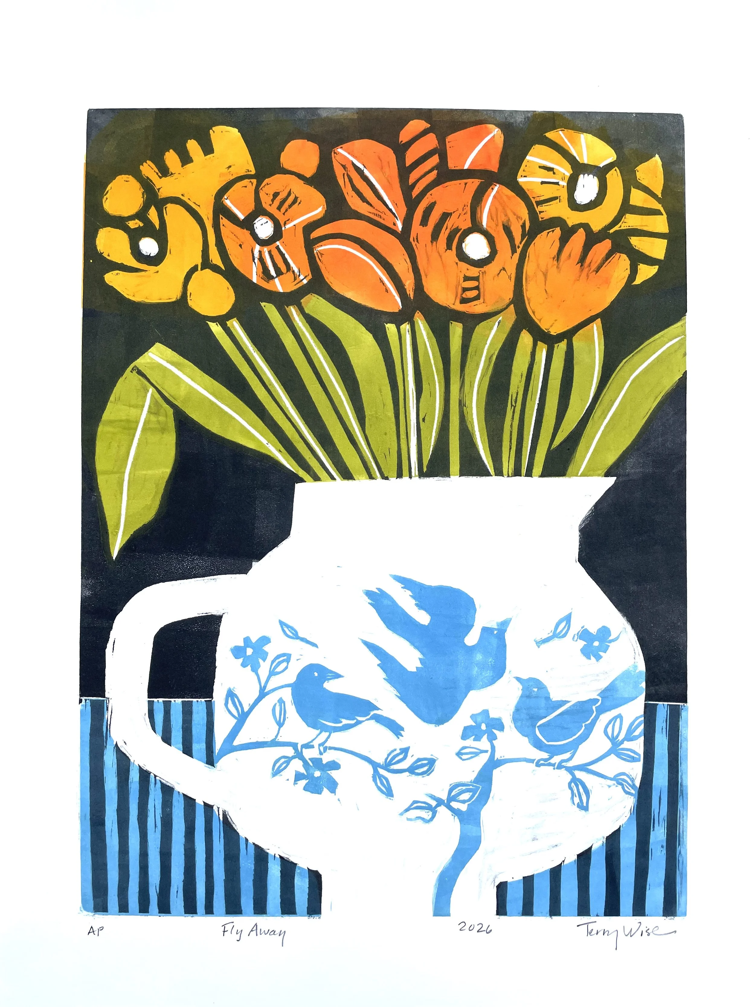 FLY AWAY (Light Blue): woodcut print, image 16" x 12"