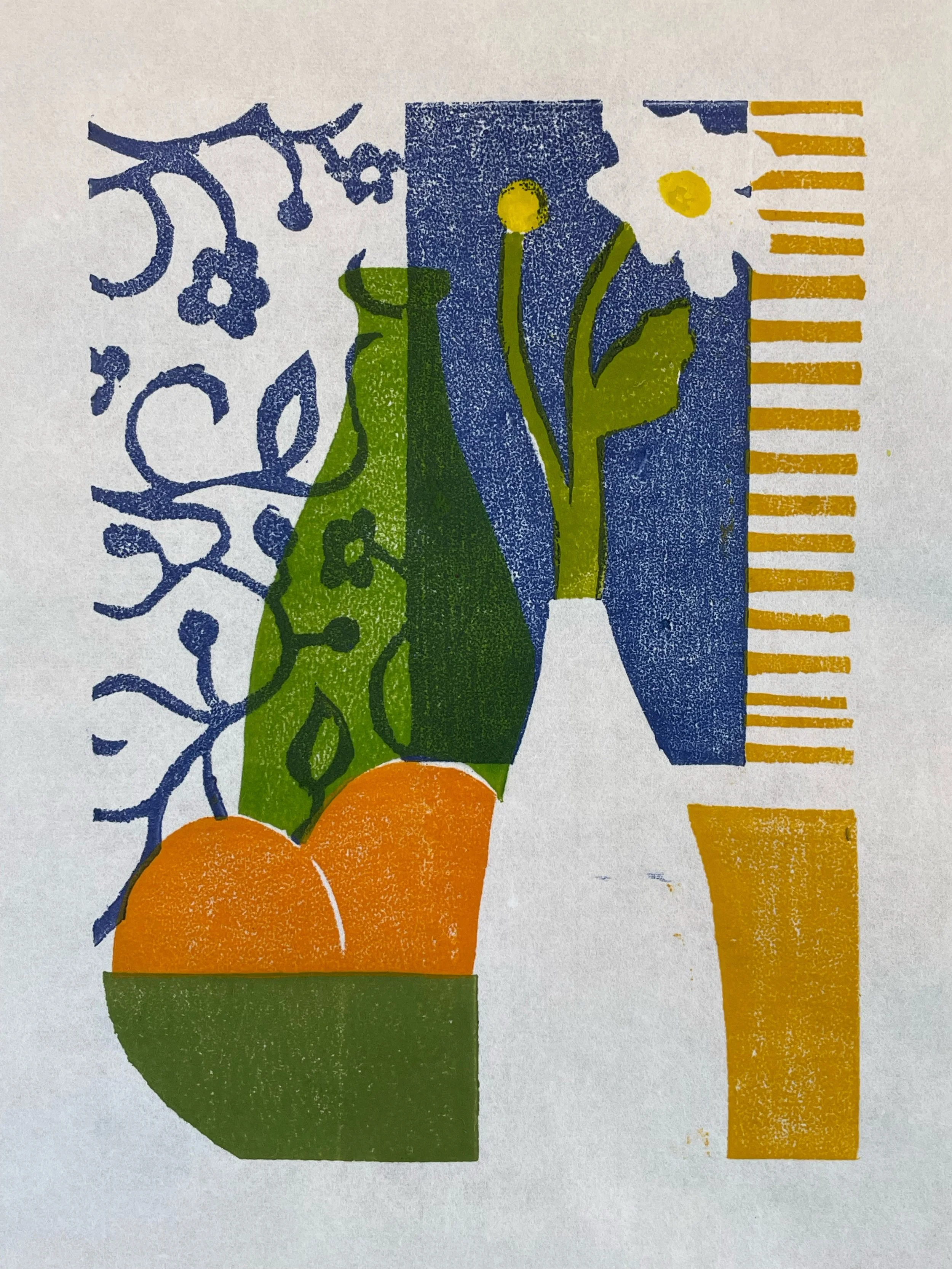 ANEMONE IN WHITE VASE: woodblock print on Japanese paper, image 8" x 6"