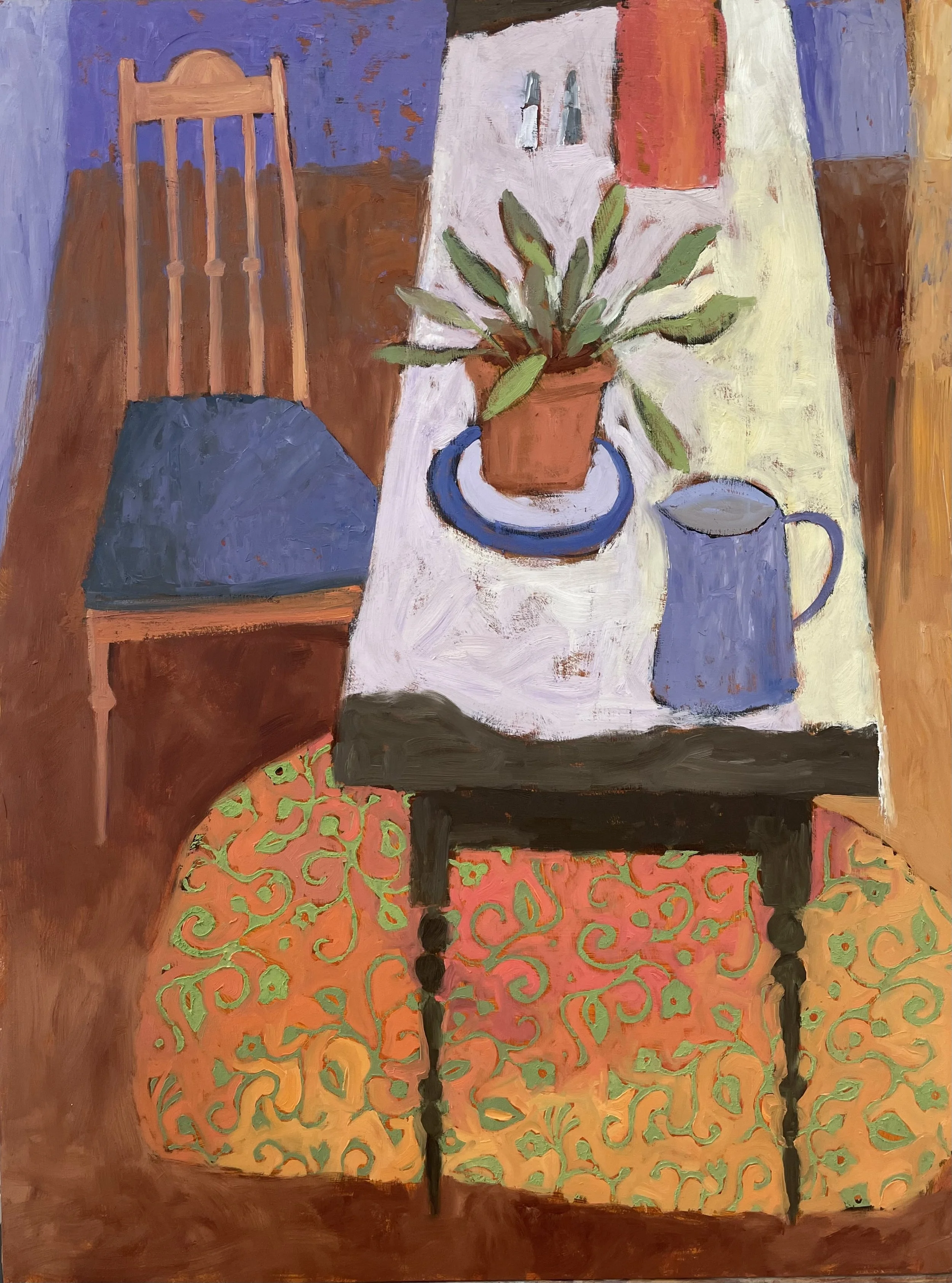 VINTAGE TABLE AND CHAIR: oil on wood panel, 24" x 18"