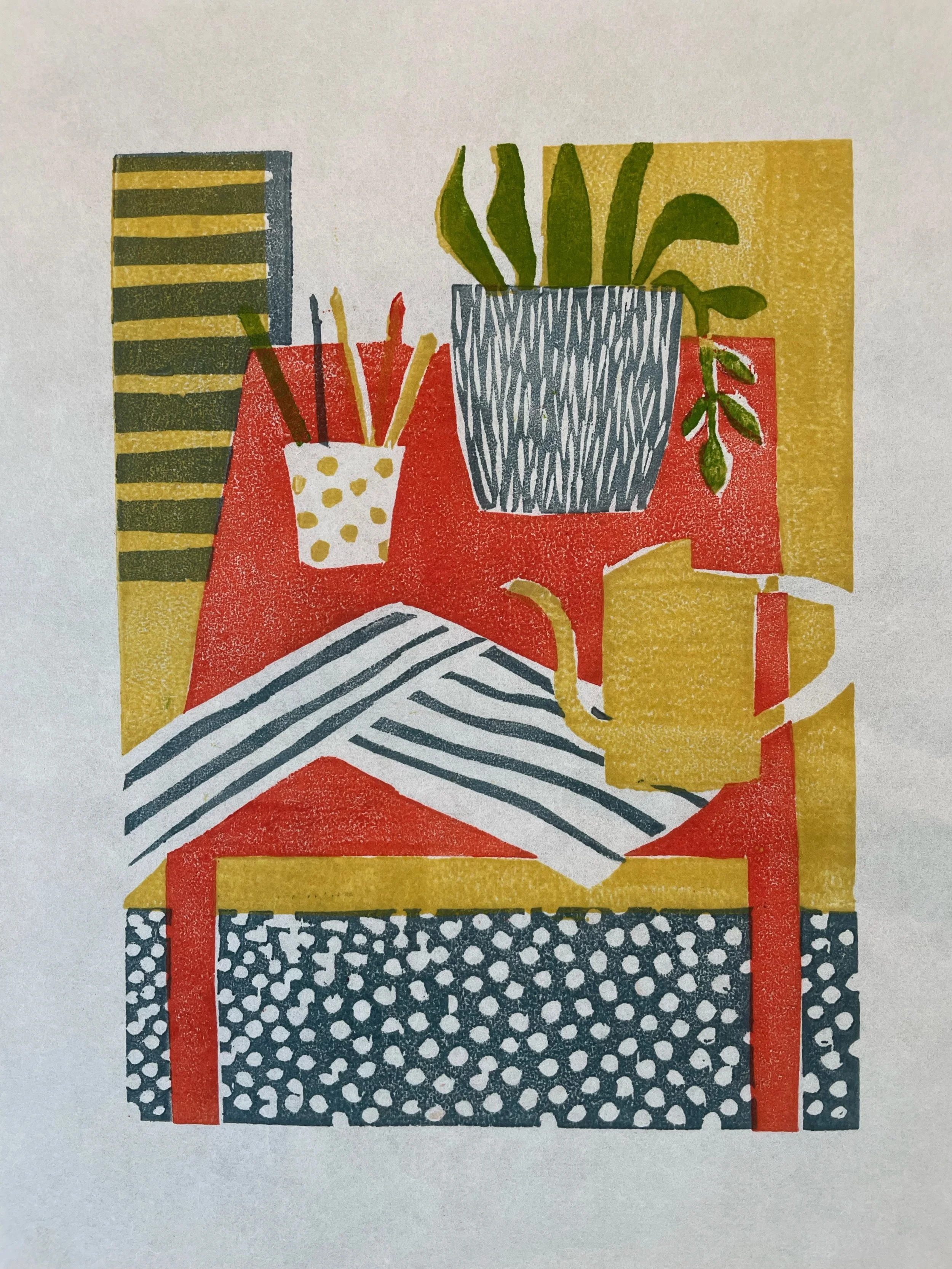 WATERING CAN: woodblock print on Japanese paper, image 8" x 6"