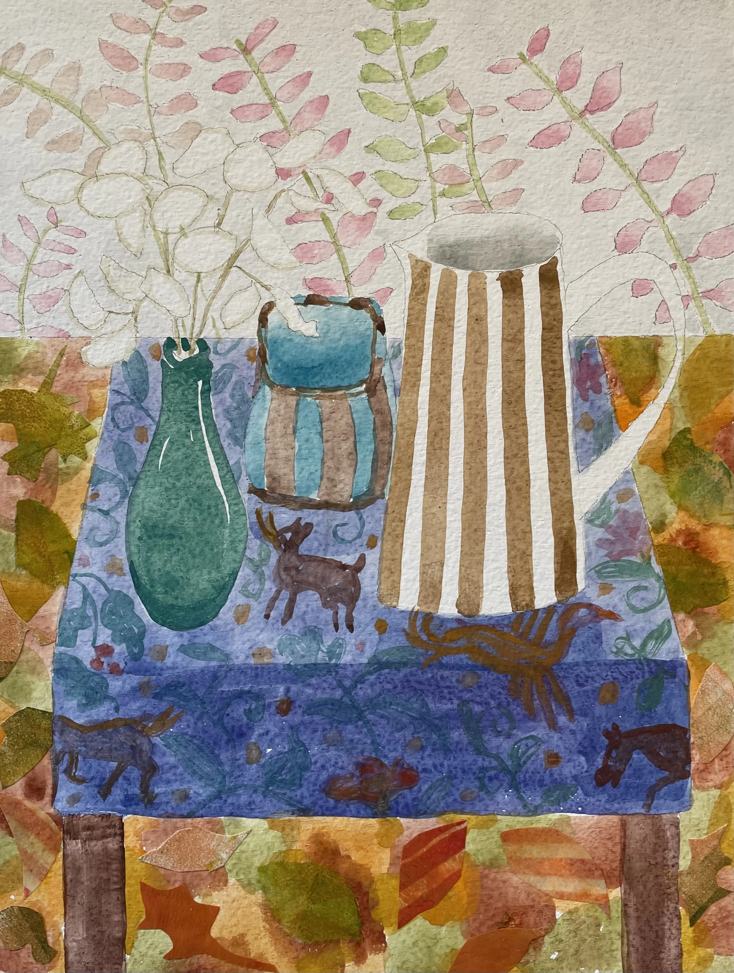 AUTUMN WALK IN THE WOODS: watercolor and graphite on paper on wood panel, 12" x 9"