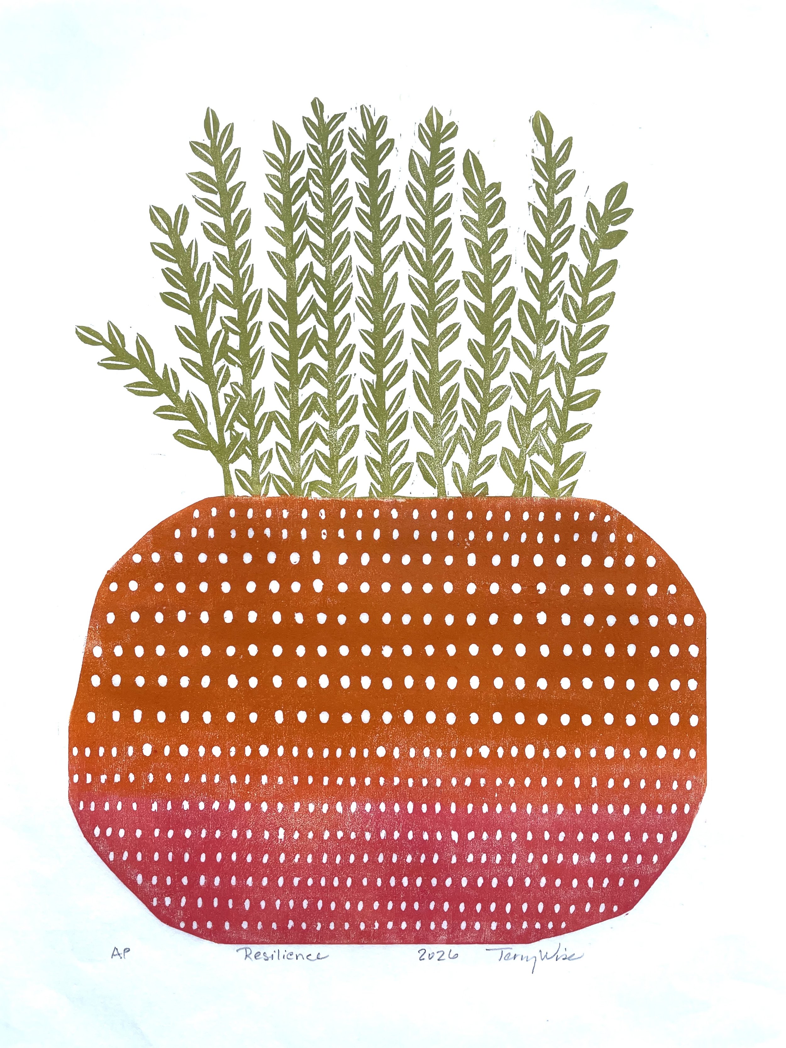 RESILIENCE (Orange/Pink): woodcut print, image 16" x 12"