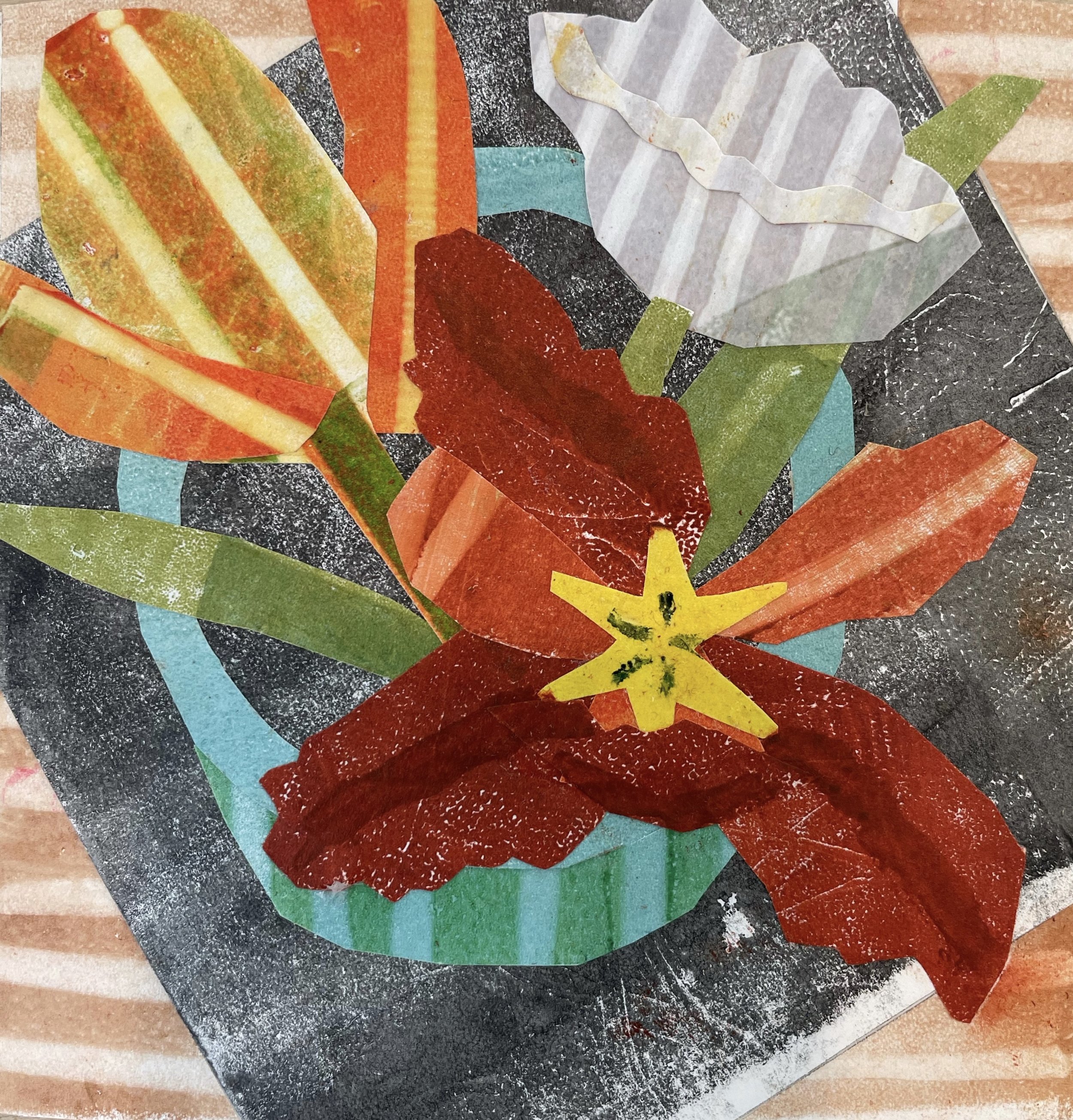 SPRING EXPLOSION 3: hand printed paper collage, 5" x 5"