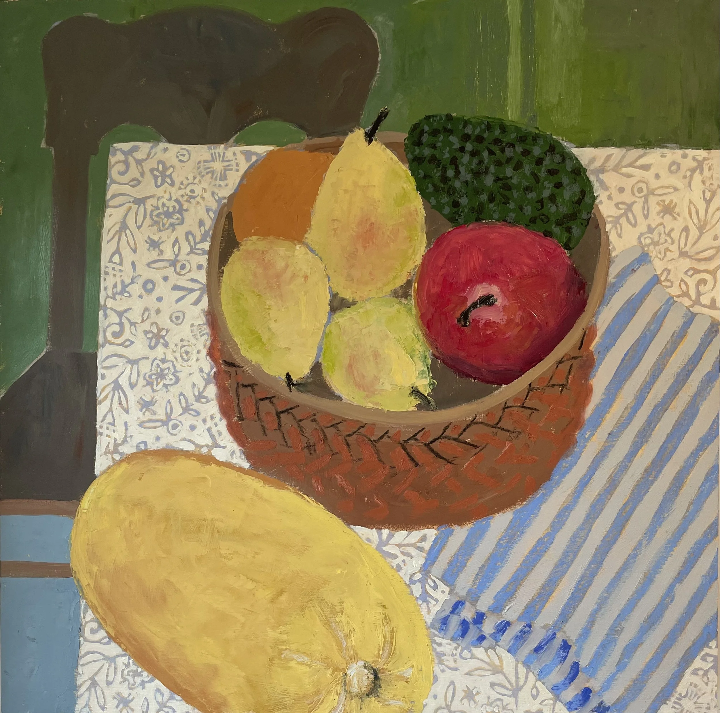BASKET OF FRUIT: oil on wood panel, 16" x 16"
