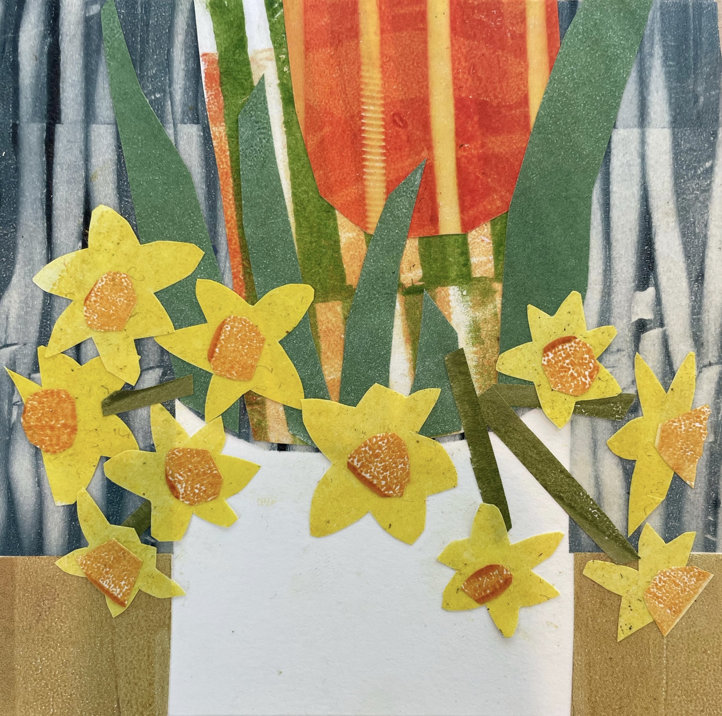 SPRING EXPLOSION 1: hand printed paper collage, 5" x 5"