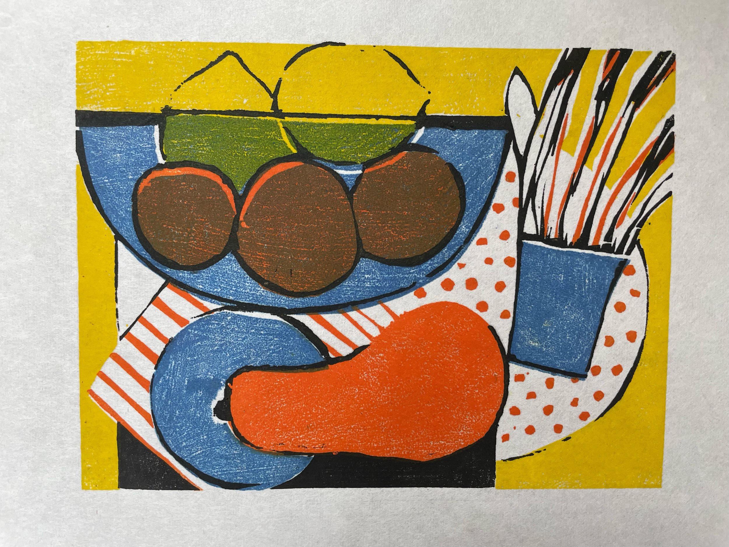 FRUIT BOWL + SQUASH: woodblock print on Japanese paper, image 6" x 8"