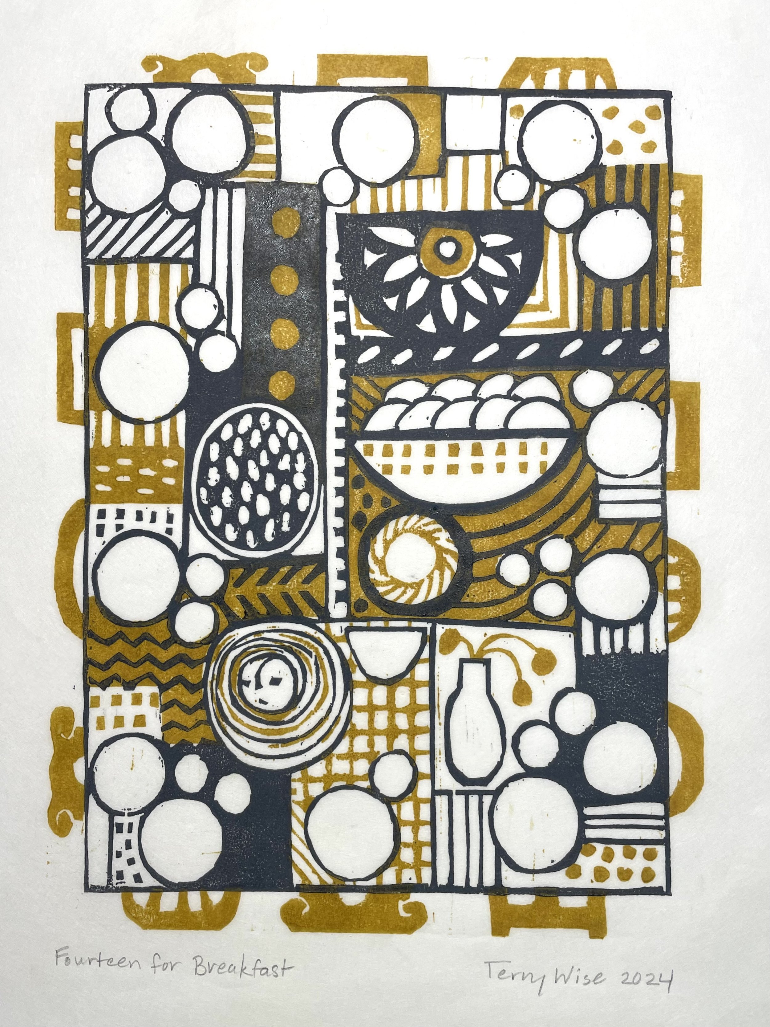 FOURTEEN FOR BREAKFAST: woodcut print on Japanese paper, image 14" x 11"
