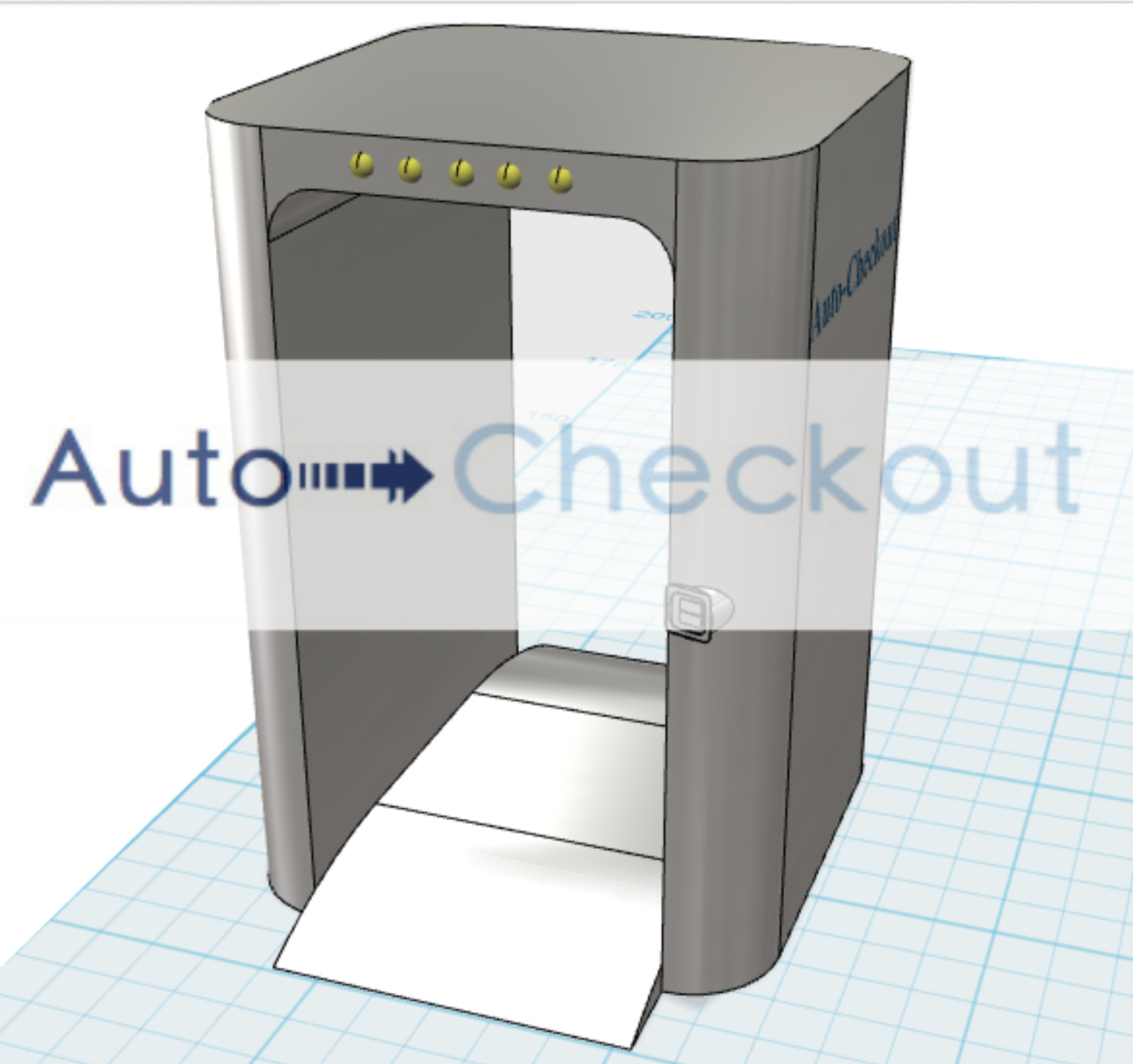 2D rendering of Auto Checkout. The shape is similar to a TSA scanner that one walks through.
