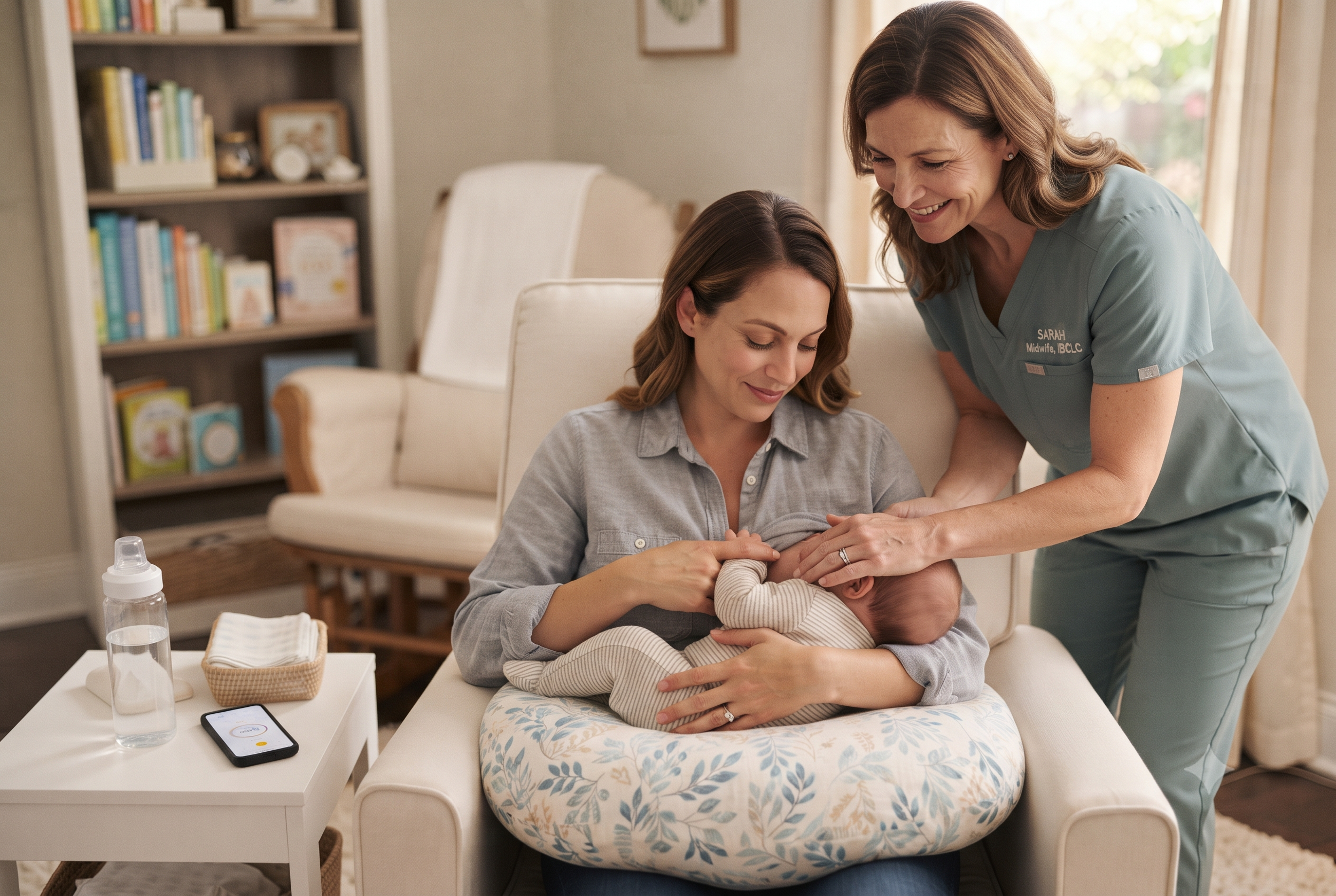 midwife or IBCLC supporting a breastfeeding mother