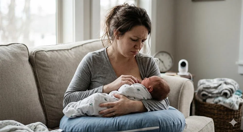 a mother holding her baby during breastfeeding,